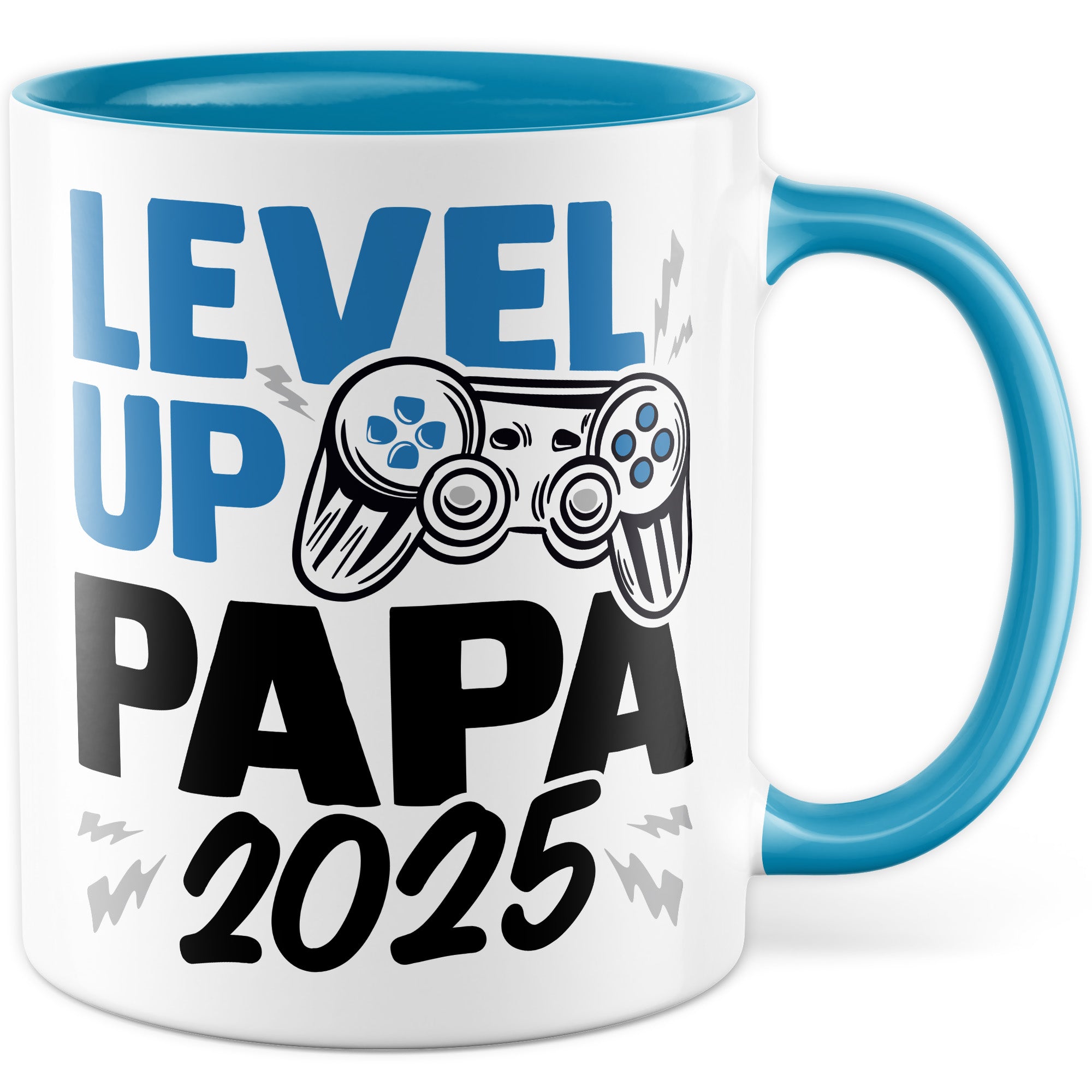 Tasse Vater, Level up - Papa 2025 Geschenk werdender Papa Geschenkidee Vaterschaft Kaffee-Becher Kaffeetasse mit Spruch Gaming Teetasse Motiv Gamer zukünftiger Vater Geburt