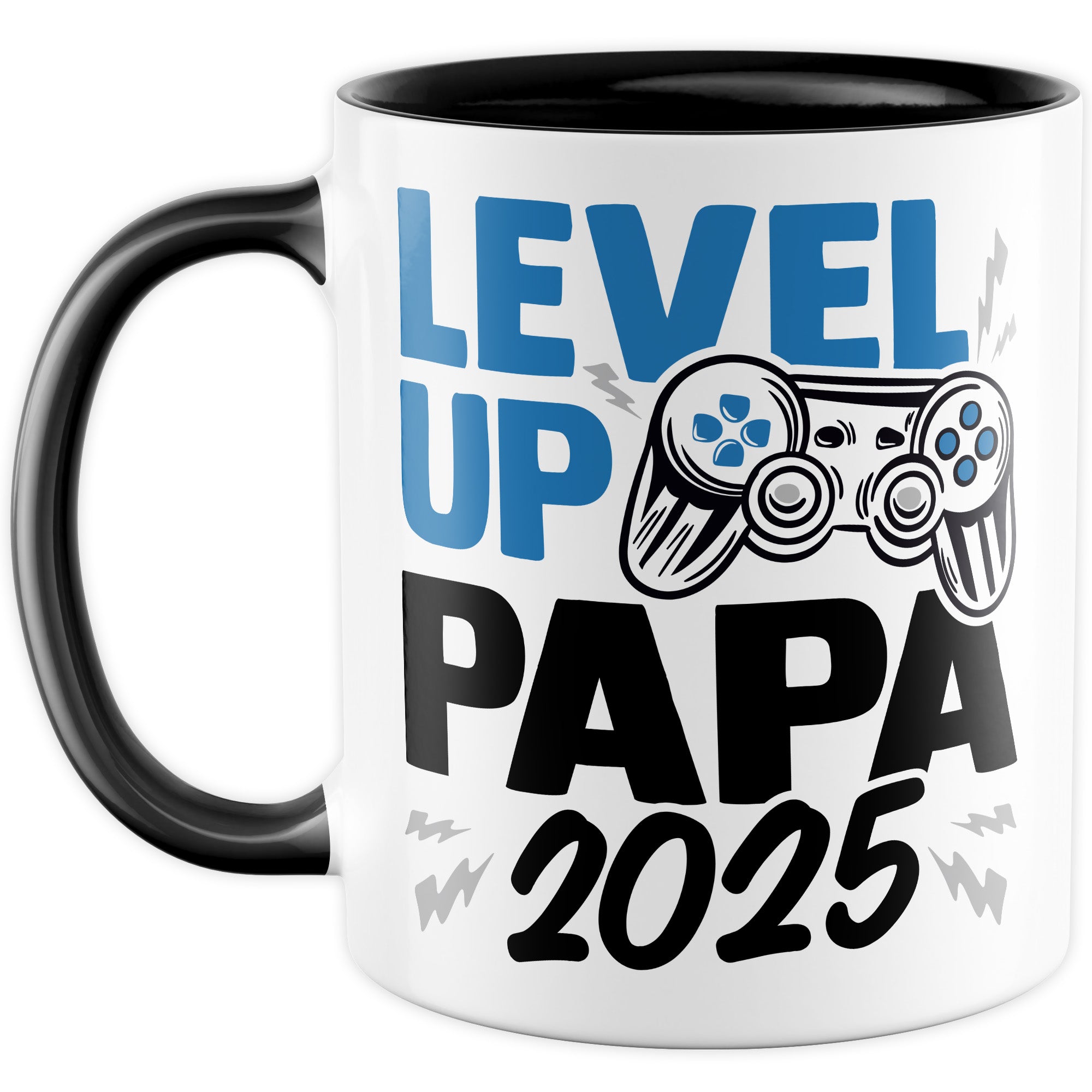 Tasse Vater, Level up - Papa 2025 Geschenk werdender Papa Geschenkidee Vaterschaft Kaffee-Becher Kaffeetasse mit Spruch Gaming Teetasse Motiv Gamer zukünftiger Vater Geburt