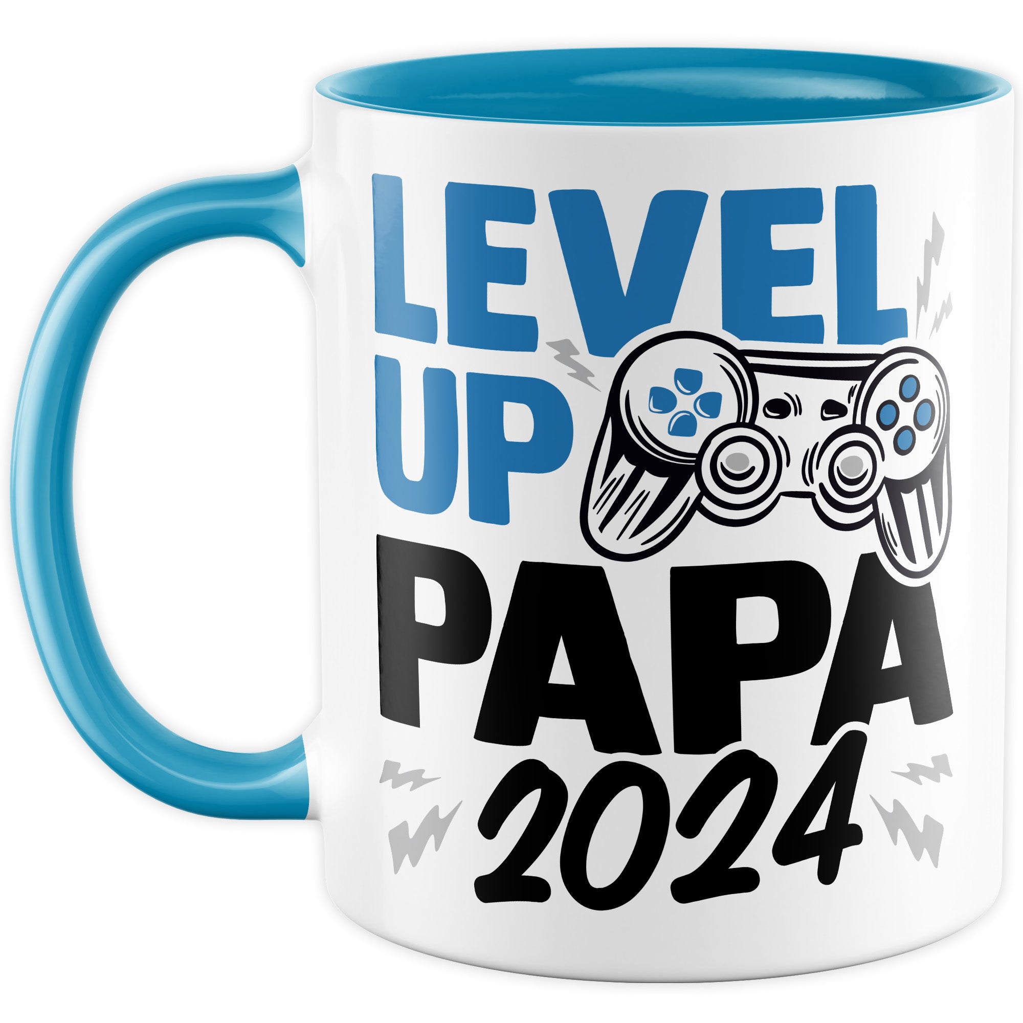 Tasse Vater, Level up - Papa 2024 Geschenk werdender Papa Geschenkidee Vaterschaft Kaffee-Becher Kaffeetasse mit Spruch Gaming Teetasse Motiv Gamer zukünftiger Vater Geburt