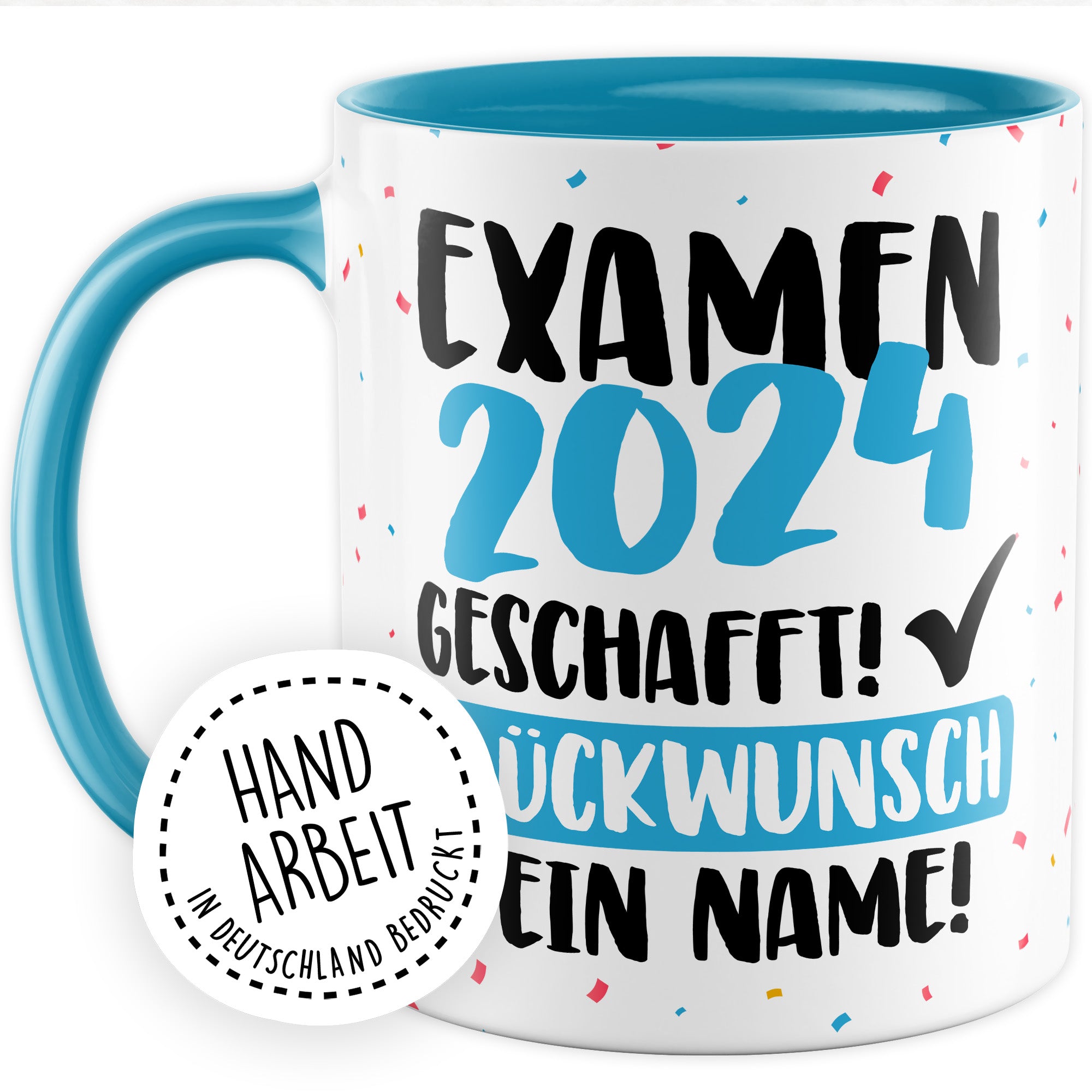 Tasse personalisiert Examen Geschenk Examen 2024 geschafft! - Glücwunsch dein Name Geschenkidee Kaffee-Becher Kaffeetasse Tasse mit Spruch pesonalisierbar eigener Name Schulabschluss