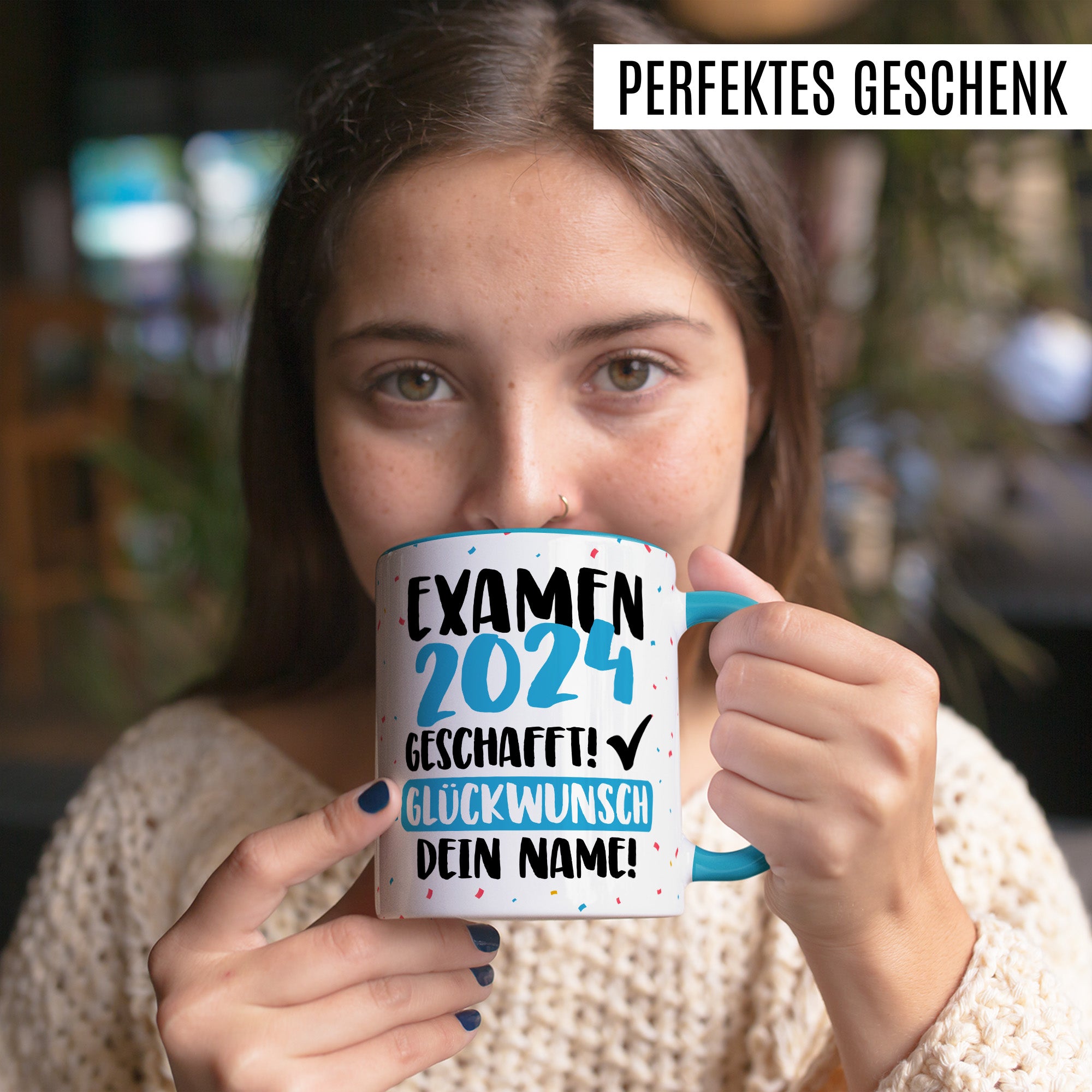 Tasse personalisiert Examen Geschenk Examen 2024 geschafft! - Glücwunsch dein Name Geschenkidee Kaffee-Becher Kaffeetasse Tasse mit Spruch pesonalisierbar eigener Name Schulabschluss