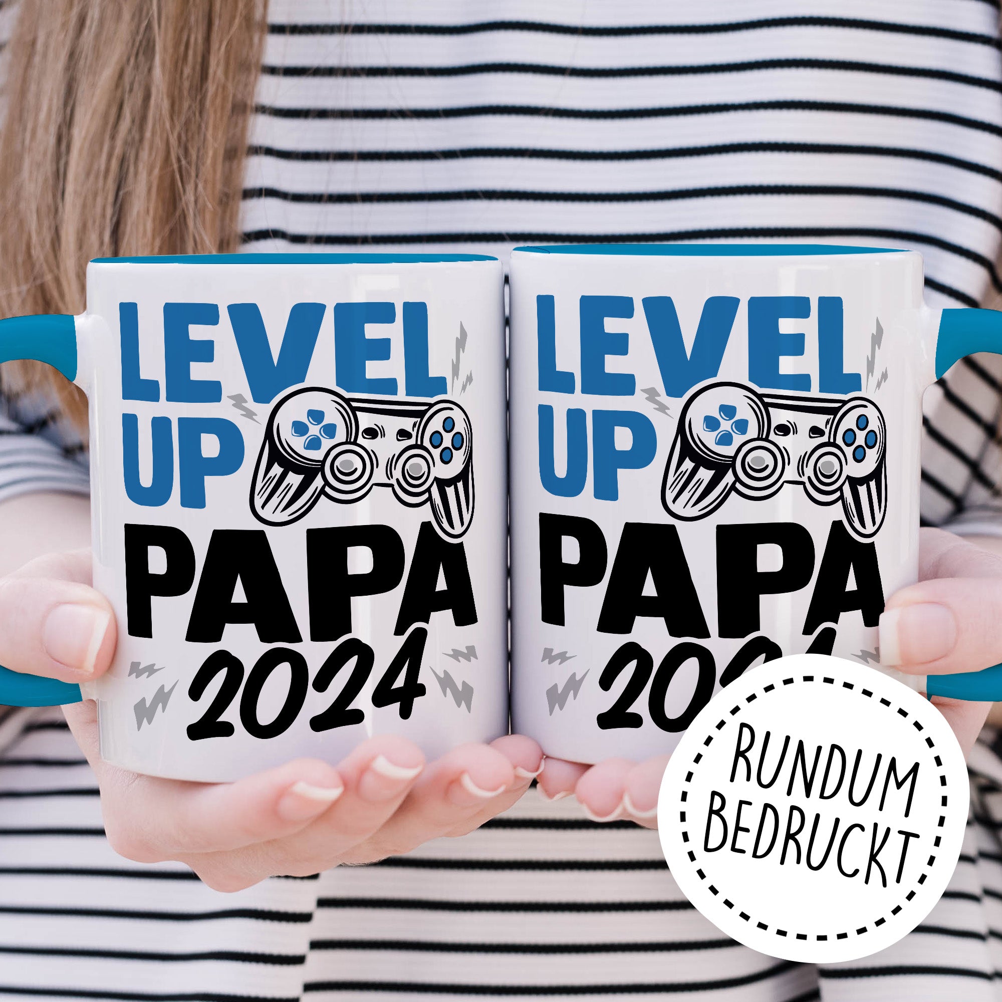 Tasse Vater, Level up - Papa 2024 Geschenk werdender Papa Geschenkidee Vaterschaft Kaffee-Becher Kaffeetasse mit Spruch Gaming Teetasse Motiv Gamer zukünftiger Vater Geburt