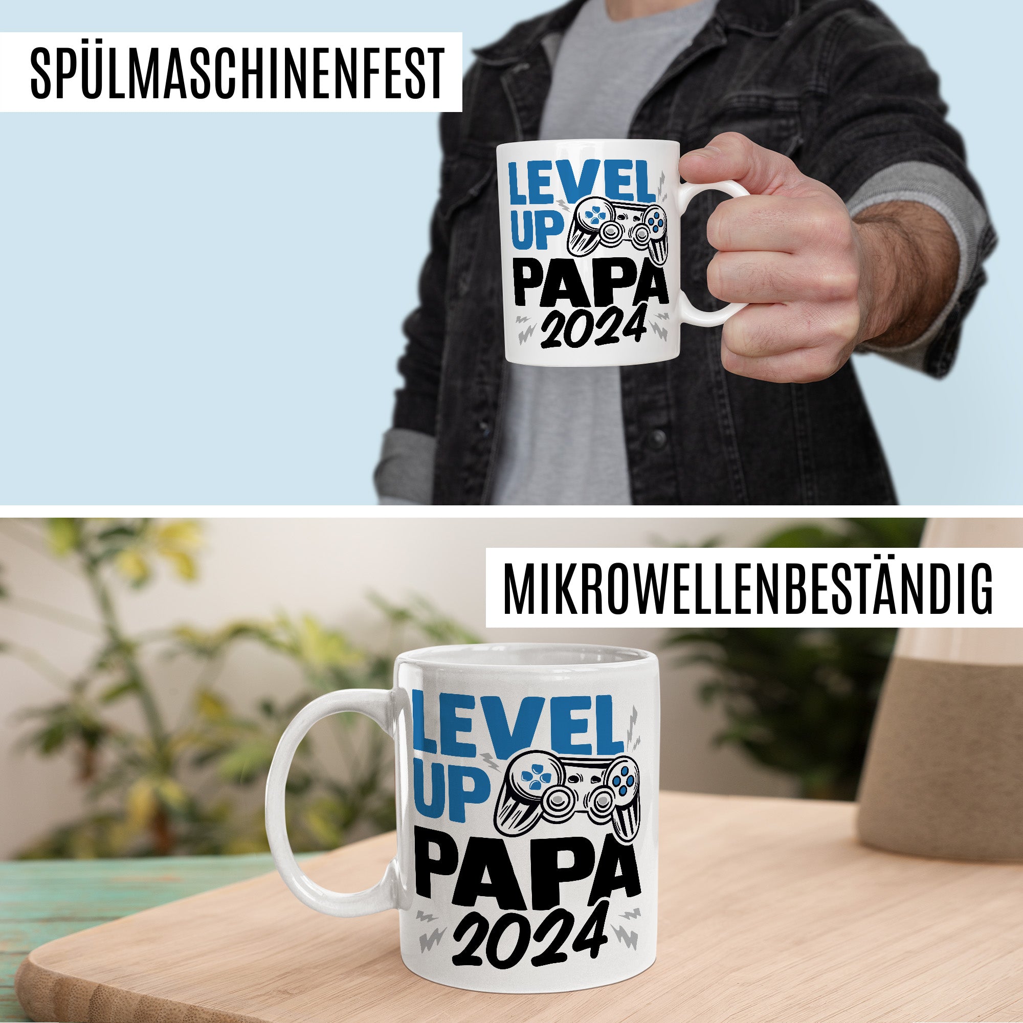 Tasse Vater, Level up - Papa 2024 Geschenk werdender Papa Geschenkidee Vaterschaft Kaffee-Becher Kaffeetasse mit Spruch Gaming Teetasse Motiv Gamer zukünftiger Vater Geburt