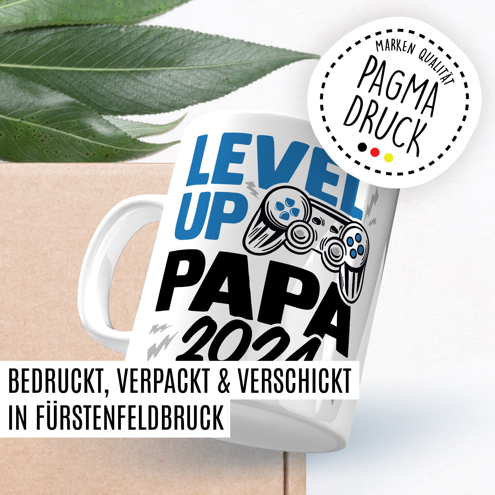 Tasse Vater, Level up - Papa 2024 Geschenk werdender Papa Geschenkidee Vaterschaft Kaffee-Becher Kaffeetasse mit Spruch Gaming Teetasse Motiv Gamer zukünftiger Vater Geburt