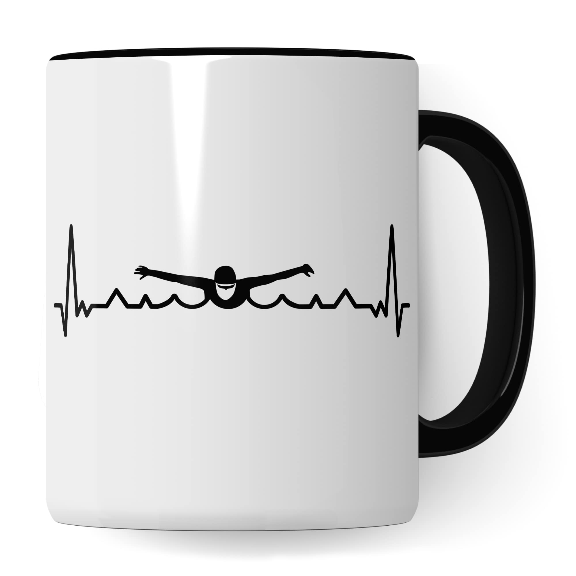 Tasse Schwimmen, Geschenk Schwimmen, Kaffeetasse mit Schwimmen Herzschlag Motiv, Schwimmlehrerin Geschenk-Idee Schwimmlehrer Schwimmbad Kaffee-Becher