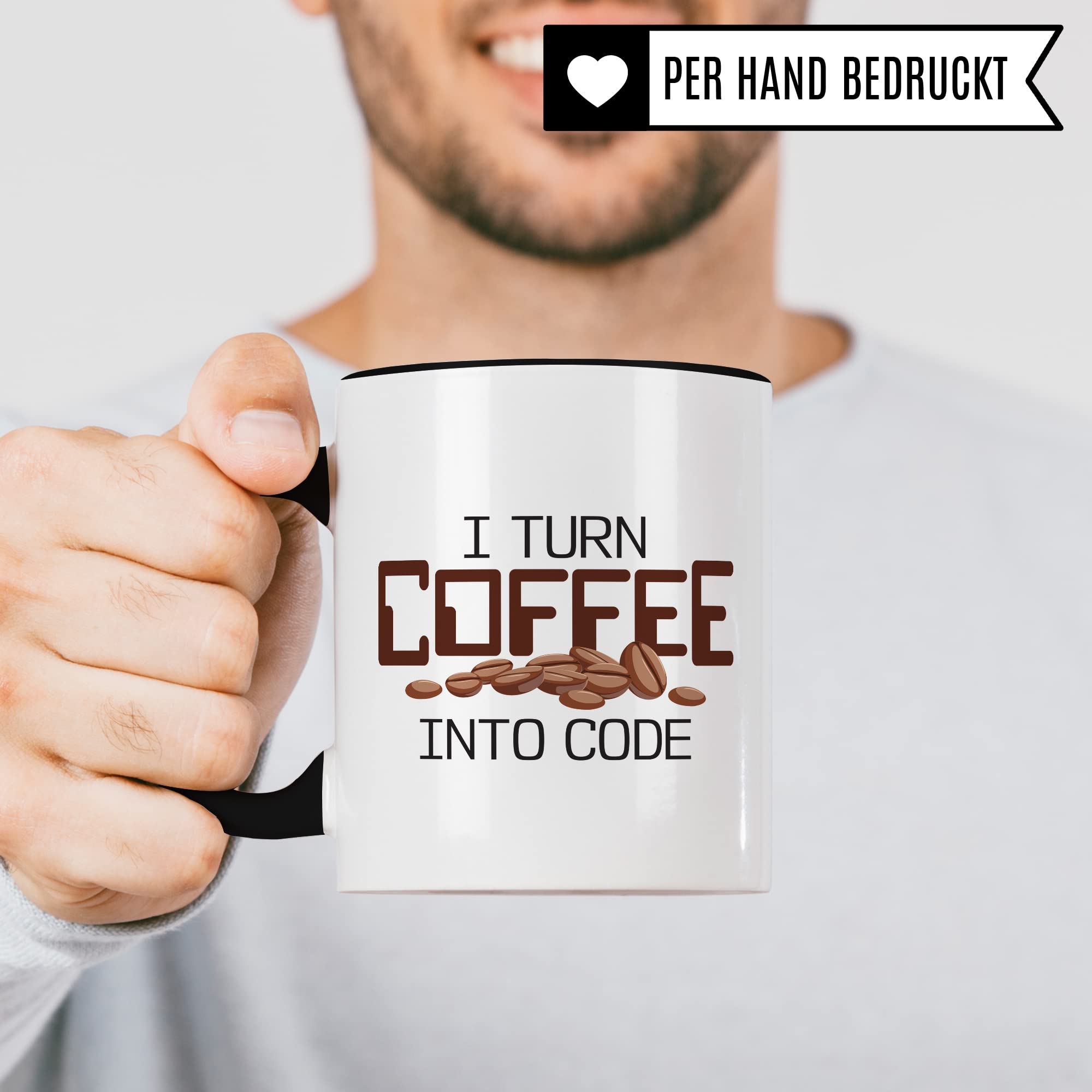 Informatik Geschenk Tasse, I turn Coffee into Code Geschenkidee für Informatiker Kaffee-Becher Informatikerin Programmieren Kaffeetasse mit Spruch lustig Coding