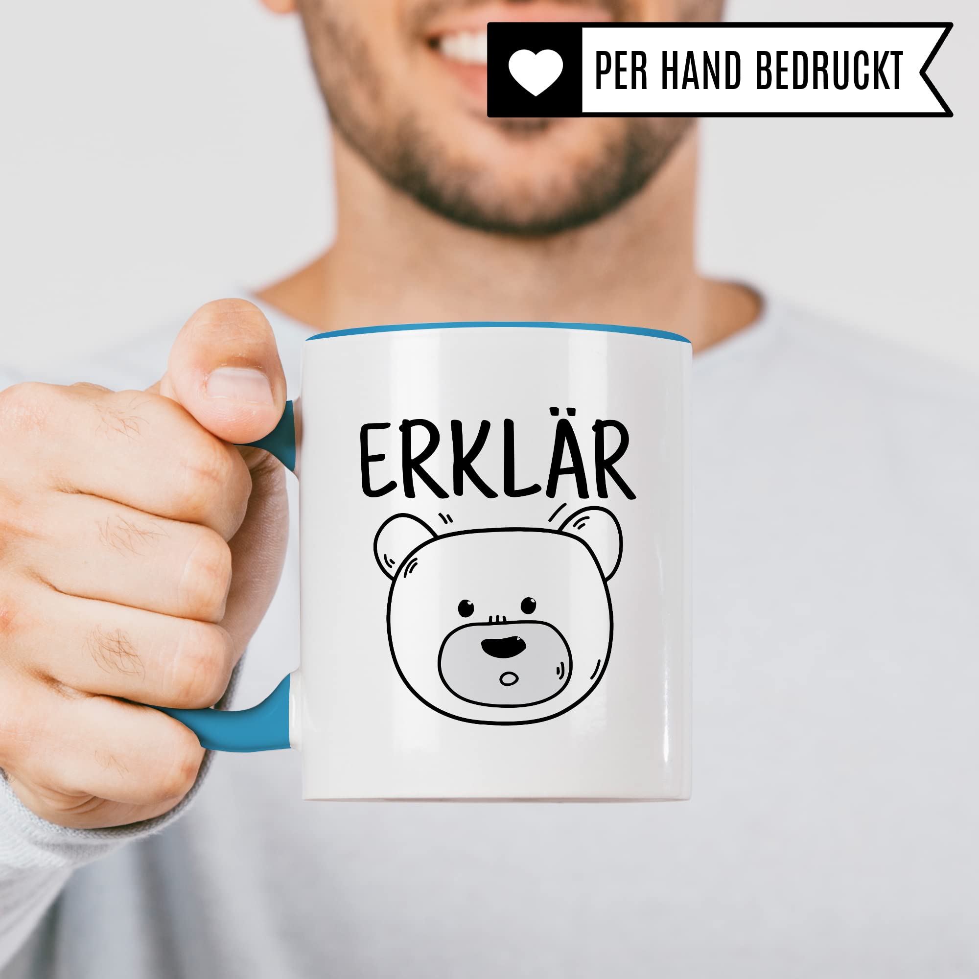 Tasse Erklärbär Geschenk Tasse mit Wortspiel Geschenkidee Kaffeetasse Tasse mit Spruch lustig Bären-Motiv Kaffee-Becher Teetasse Witztasse Humor Witz Deutschlehrer Germanistik