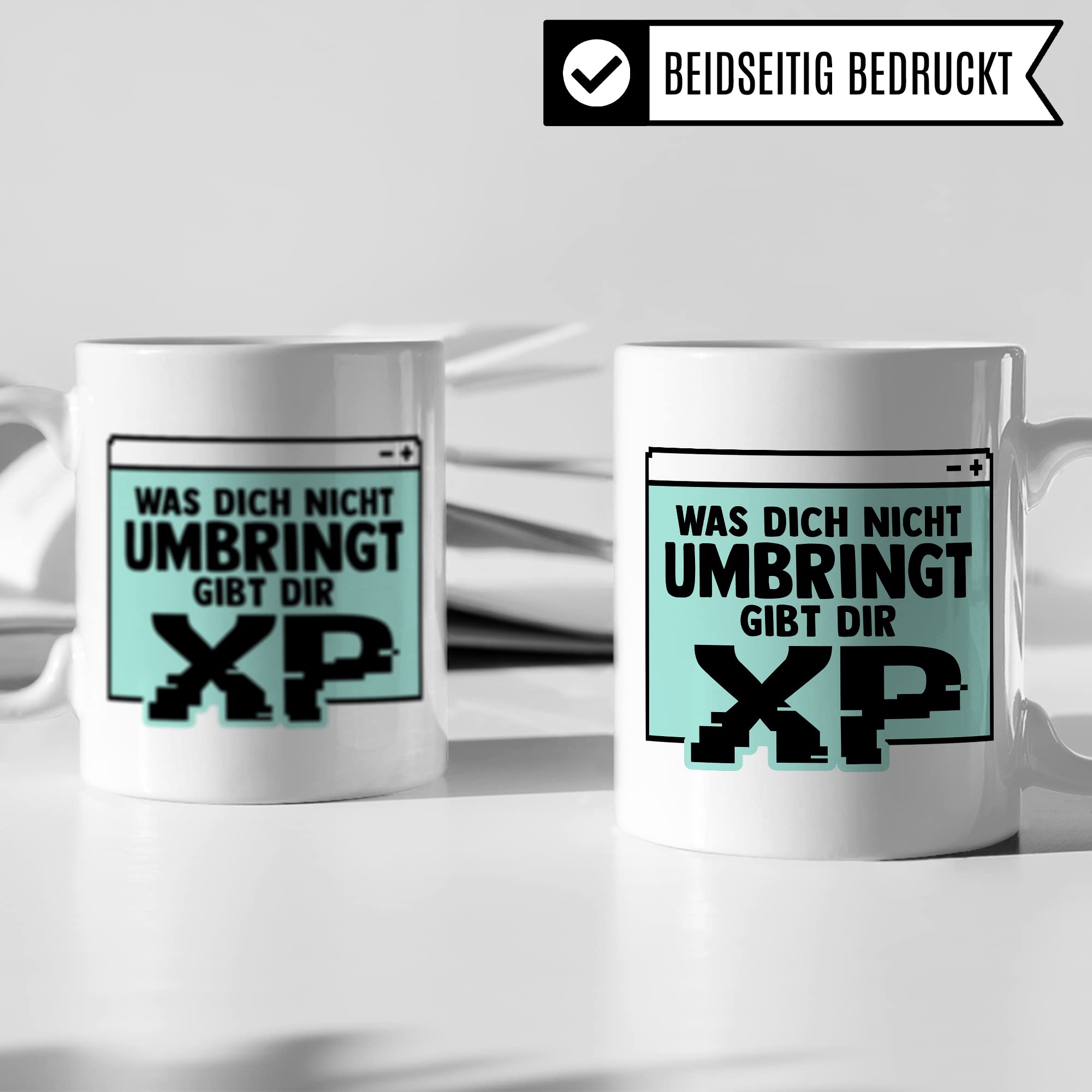 Gamer Tasse, Was dich nicht umbringt gibt dir XP Geschenkidee für Computerspieler und Zocker Kaffee-Becher Geschenk Nerd Gaming Kaffeetasse mit Spruch lustig