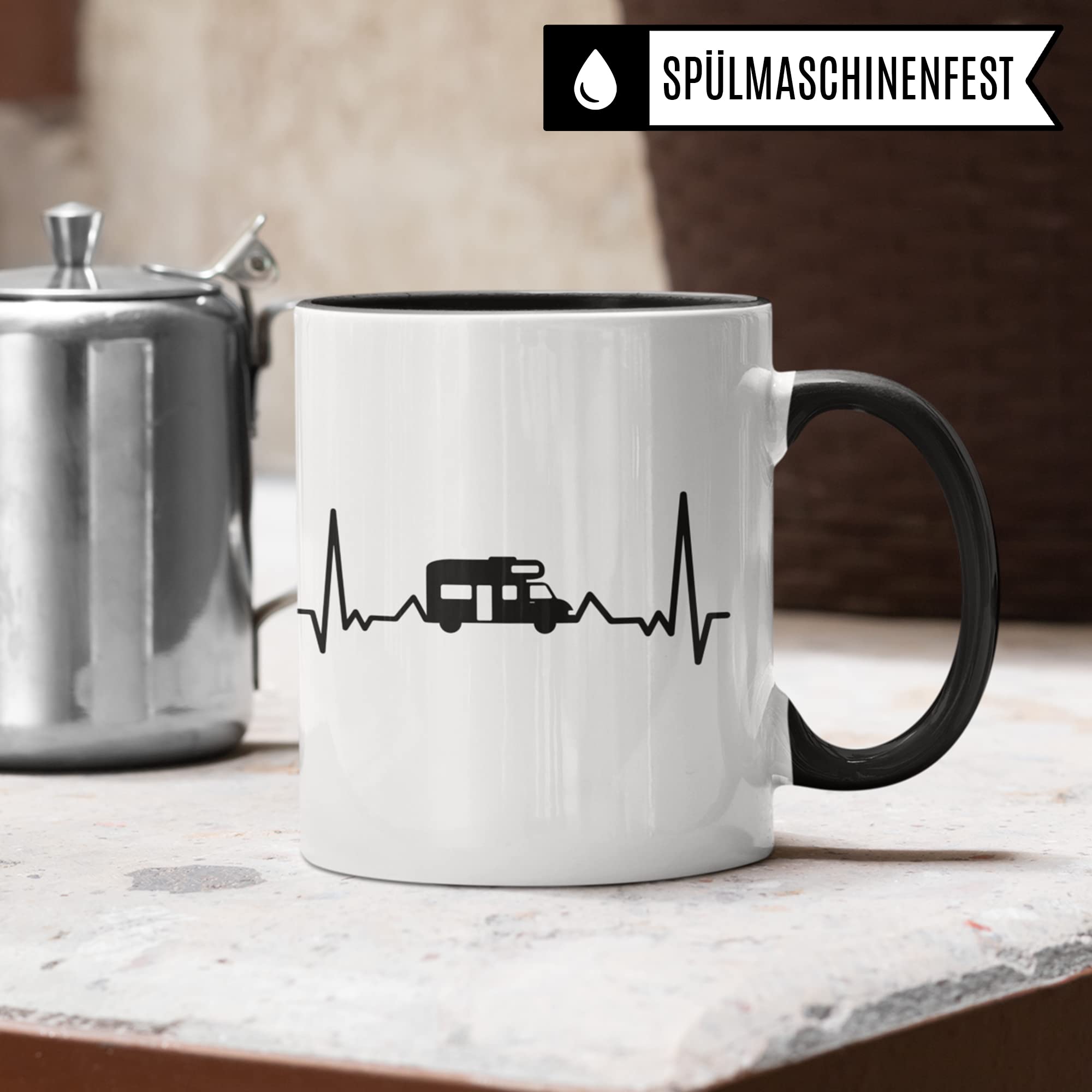 Tasse Camping lustig, Geschenk Camper Mann & Frau, Kaffeetasse Camping Wohnwagen Herzschlag, Geschenkidee Campen Campingplatz Campingbus Kaffee-Becher