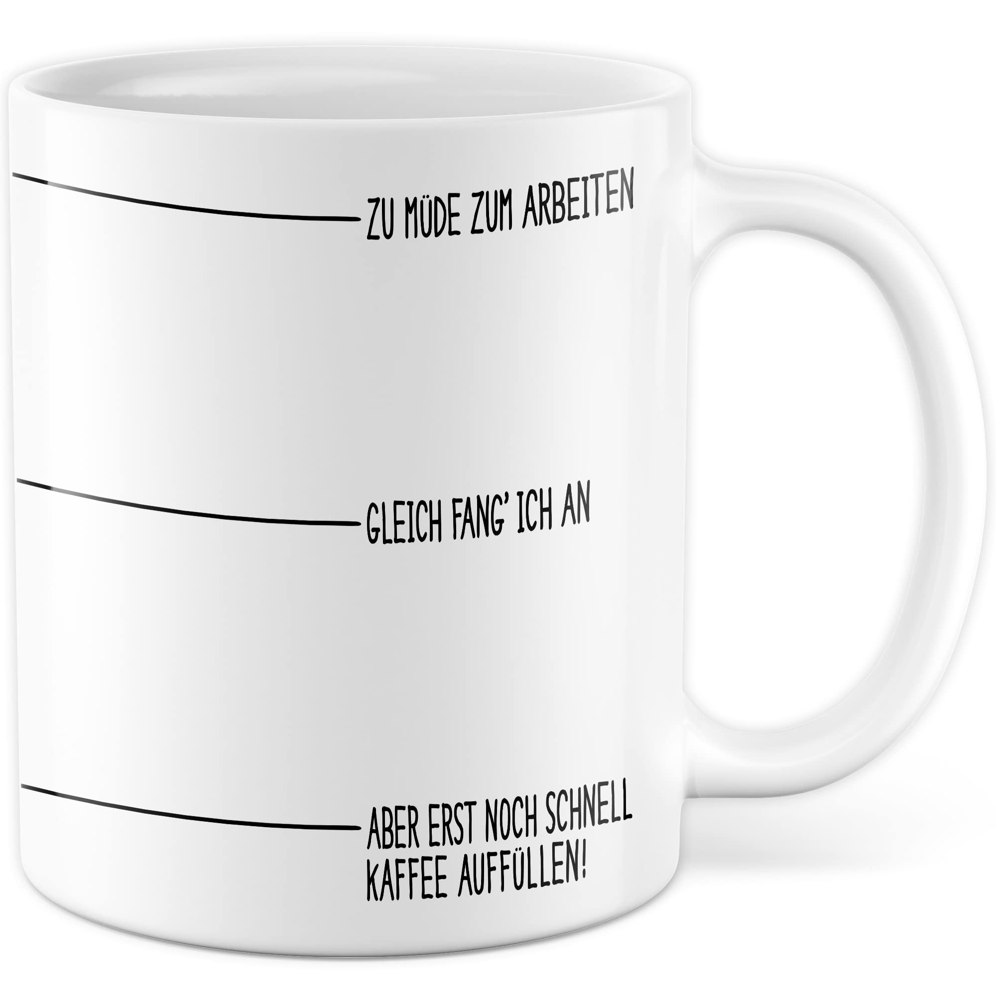 Tasse Kaffee-Füllstand Geschenk, Zu müde zum arbeiten gleich fang ich an Geschenkidee Kaffee-Liebhaber Kaffee-Becher Kaffeetasse Kaffee-Fans Kaffee-Genießer Tasse mit Spruch lustig