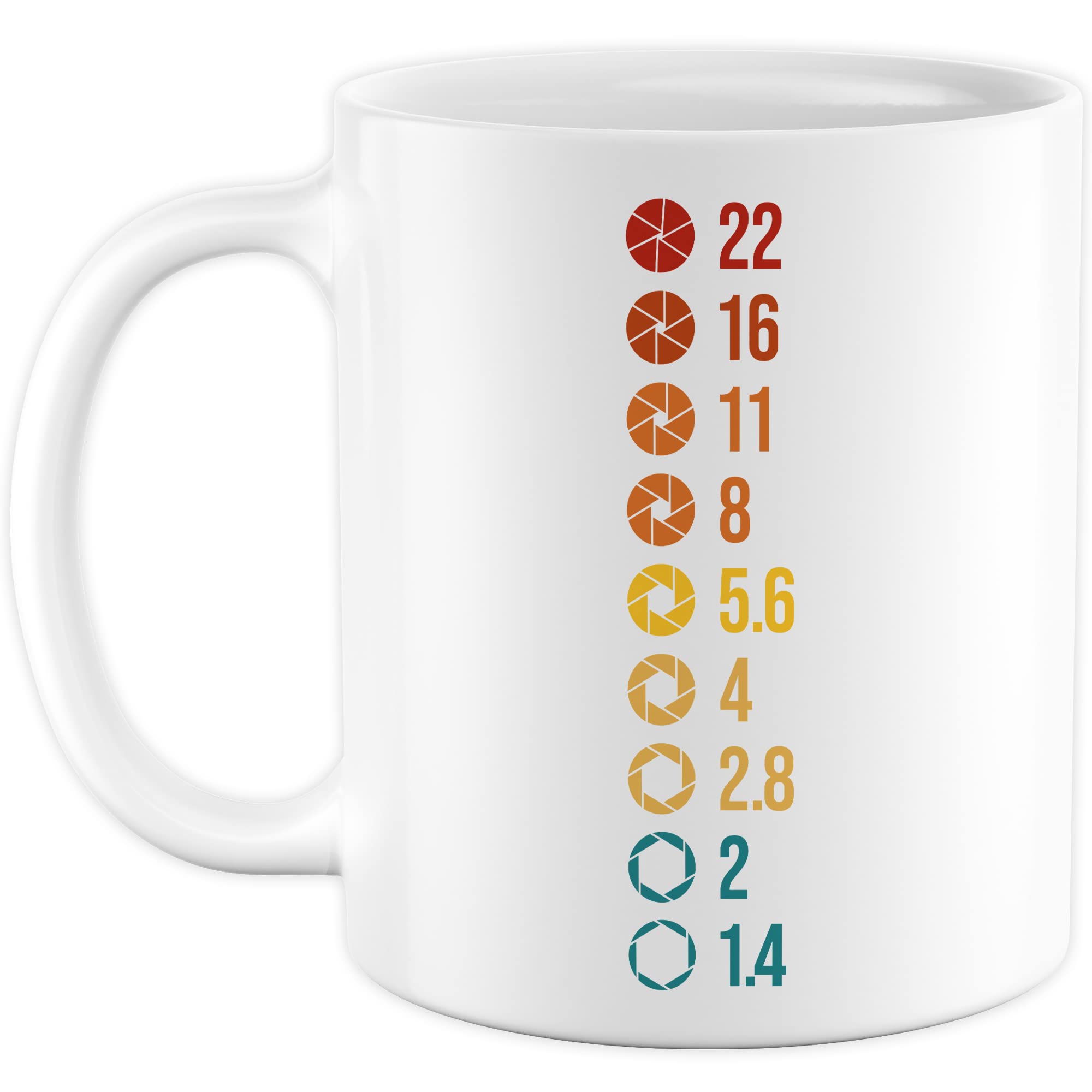 Tasse Kamera Geschenk, 22 16 11 8 Geschenkidee Kameramann Fotograf Blende Kaffee-Becher Kaffeetasse Tasse mit Blenden-Motiv fotografieren Kamera-Liebhaber Objektiv