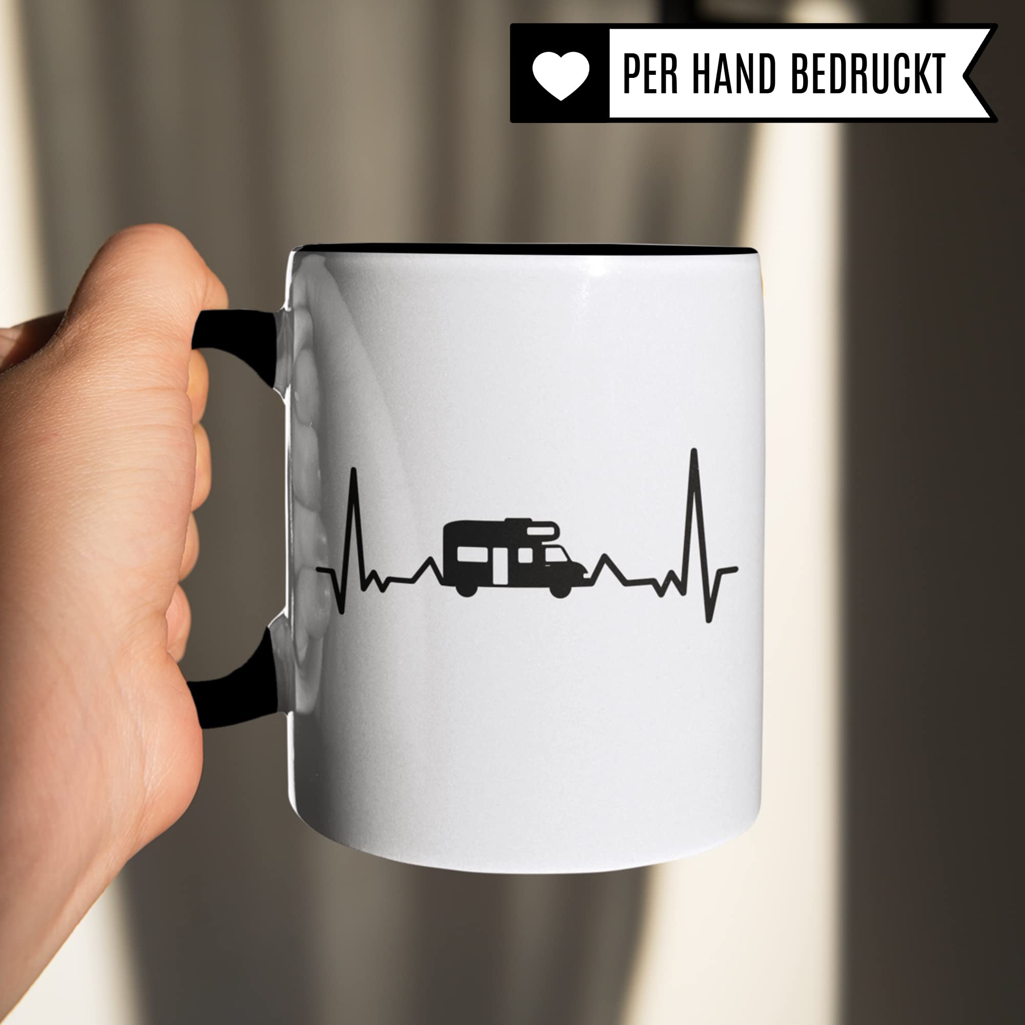 Tasse Camping lustig, Geschenk Camper Mann & Frau, Kaffeetasse Camping Wohnwagen Herzschlag, Geschenkidee Campen Campingplatz Campingbus Kaffee-Becher