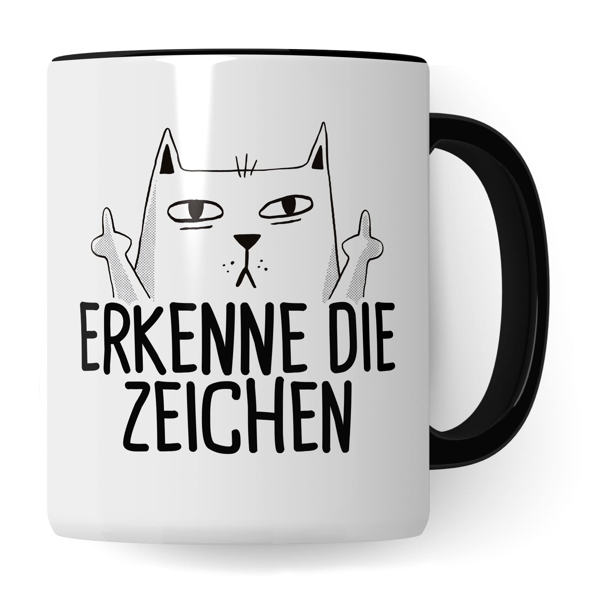 Tasse mit Katzen Motiv "Erkenne die Zeichen" mit Mittelfinger Comic - Kaffeetasse als lustiges Geschenk