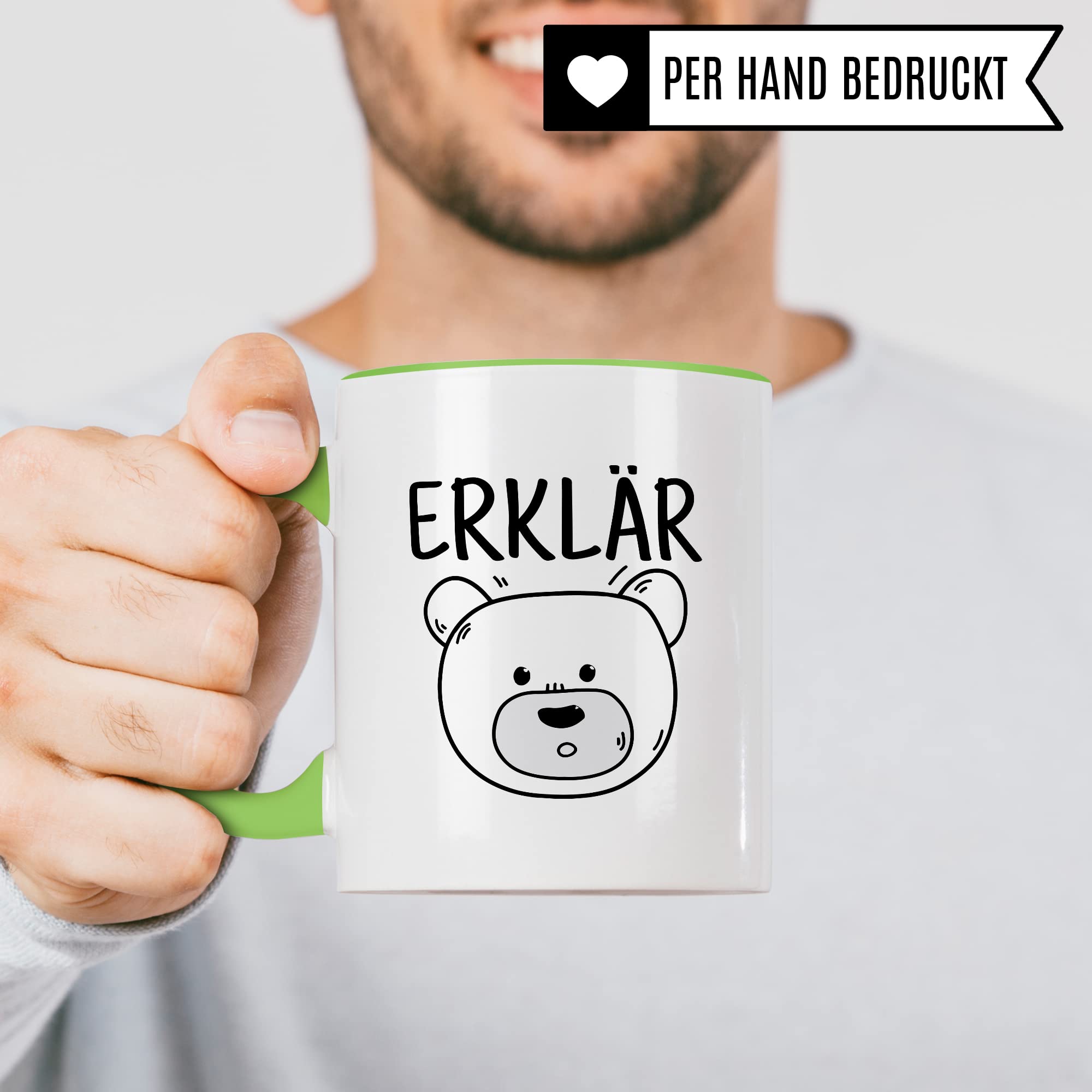 Tasse Erklärbär Geschenk Tasse mit Wortspiel Geschenkidee Kaffeetasse Tasse mit Spruch lustig Bären-Motiv Kaffee-Becher Teetasse Witztasse Humor Witz Deutschlehrer Germanistik