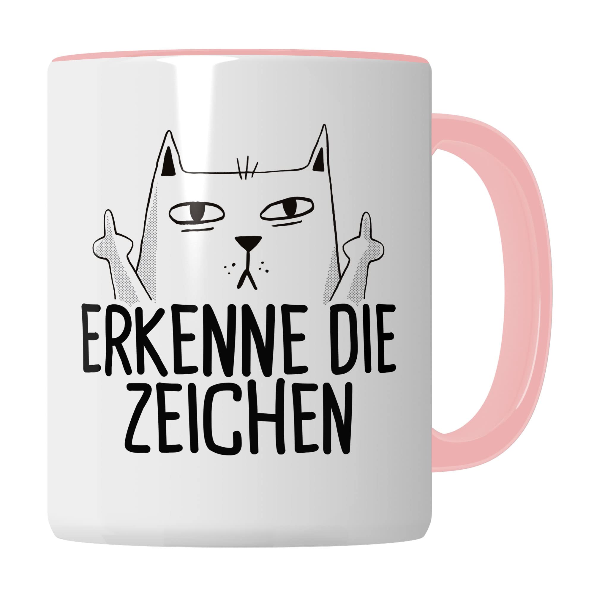 Tasse mit Katzen Motiv "Erkenne die Zeichen" mit Mittelfinger Comic - Kaffeetasse als lustiges Geschenk