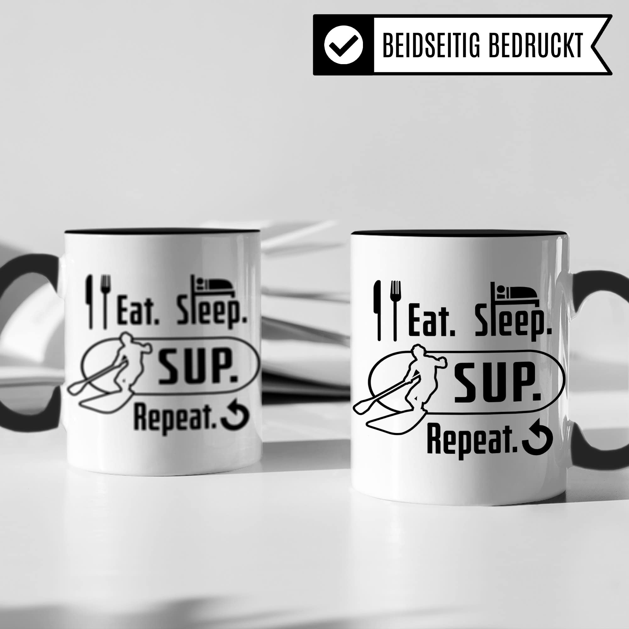 Stand Up Paddling Tasse Geschenkidee, Kaffeebecher für Stand Up Paddling Geschenk, Stand Up Paddle Kaffeetasse, Eat sleep SUP repeat Becher