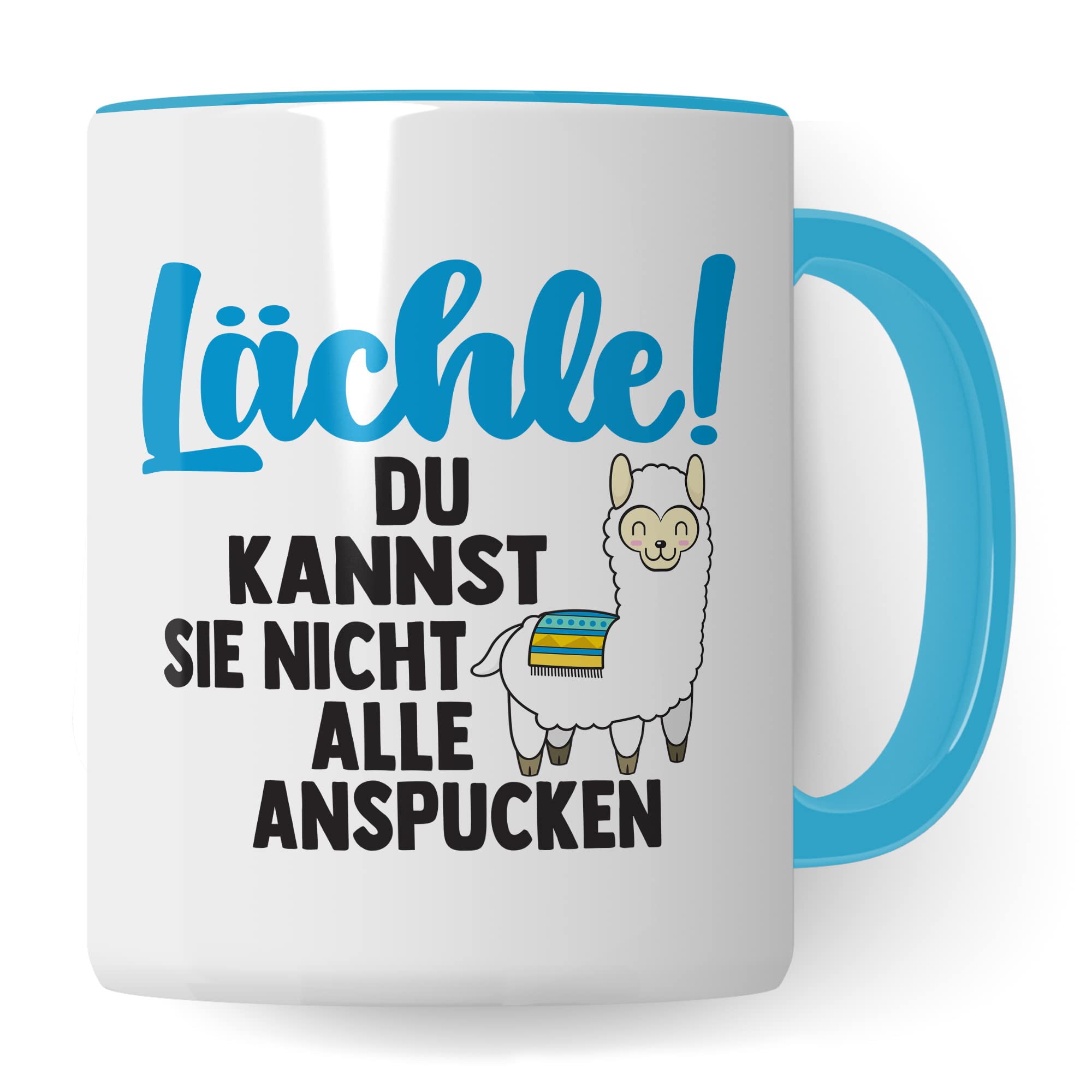 Tasse Lama Geschenk, Lächle! Du kannst sie nicht alle anspucken Geschenkidee Tasse mit Spruch lustig Kaffee-Becher Kaffeetasse Teetasse Humor Witz Witztasse Alpaka spucken