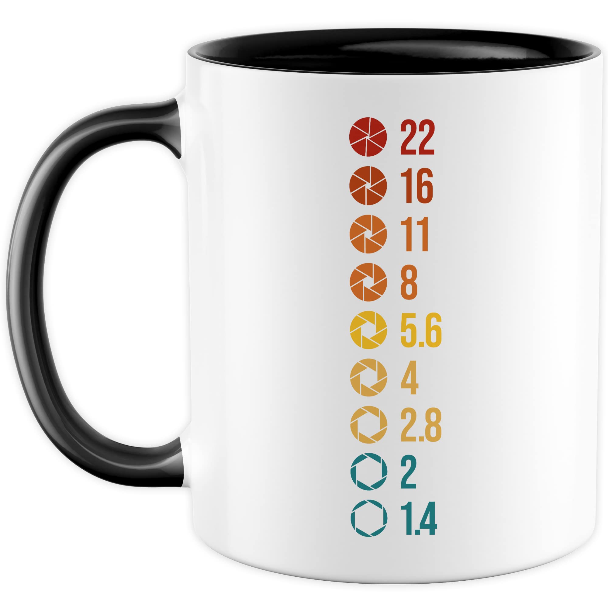 Tasse Kamera Geschenk, 22 16 11 8 Geschenkidee Kameramann Fotograf Blende Kaffee-Becher Kaffeetasse Tasse mit Blenden-Motiv fotografieren Kamera-Liebhaber Objektiv