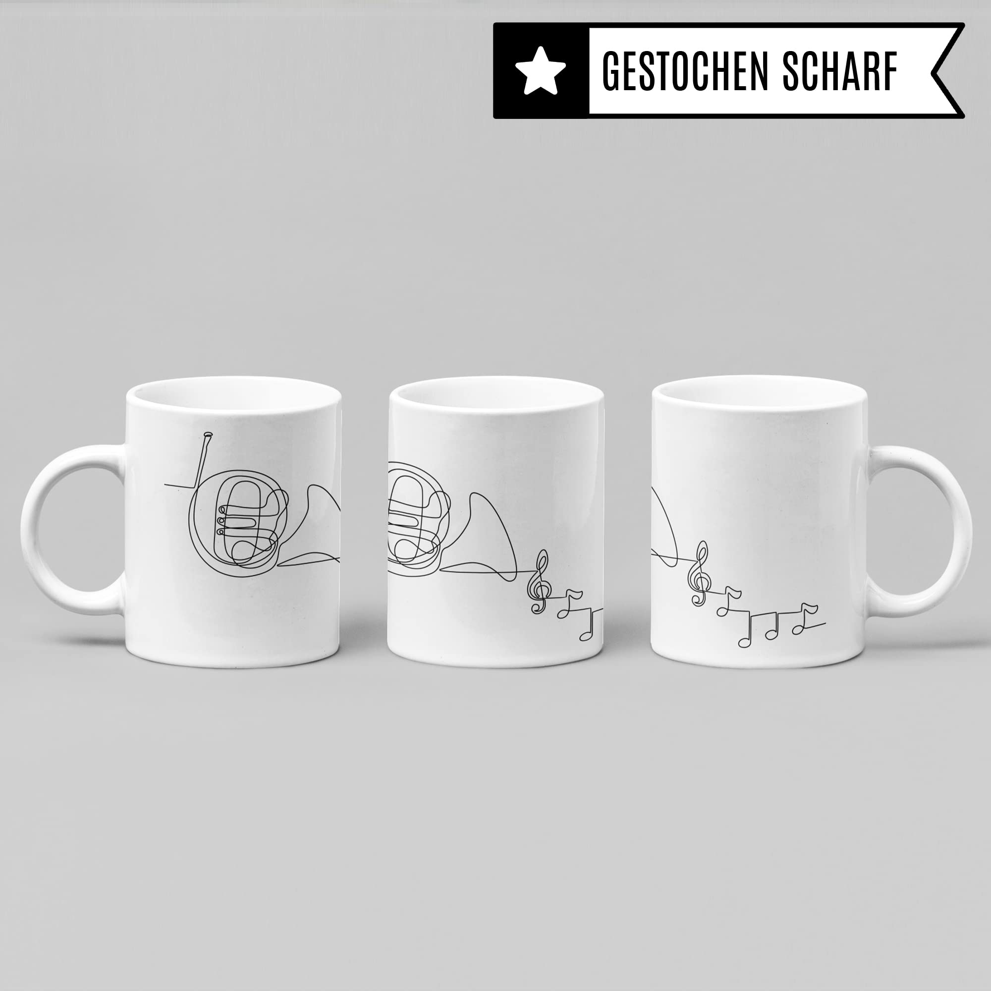 Horn Tasse - Musik Geschenk für Hornist - Kaffeetasse Musiker Hornspieler - Instrument Geschenkideen Hornisten Zeichnung Design Kaffee-Becher