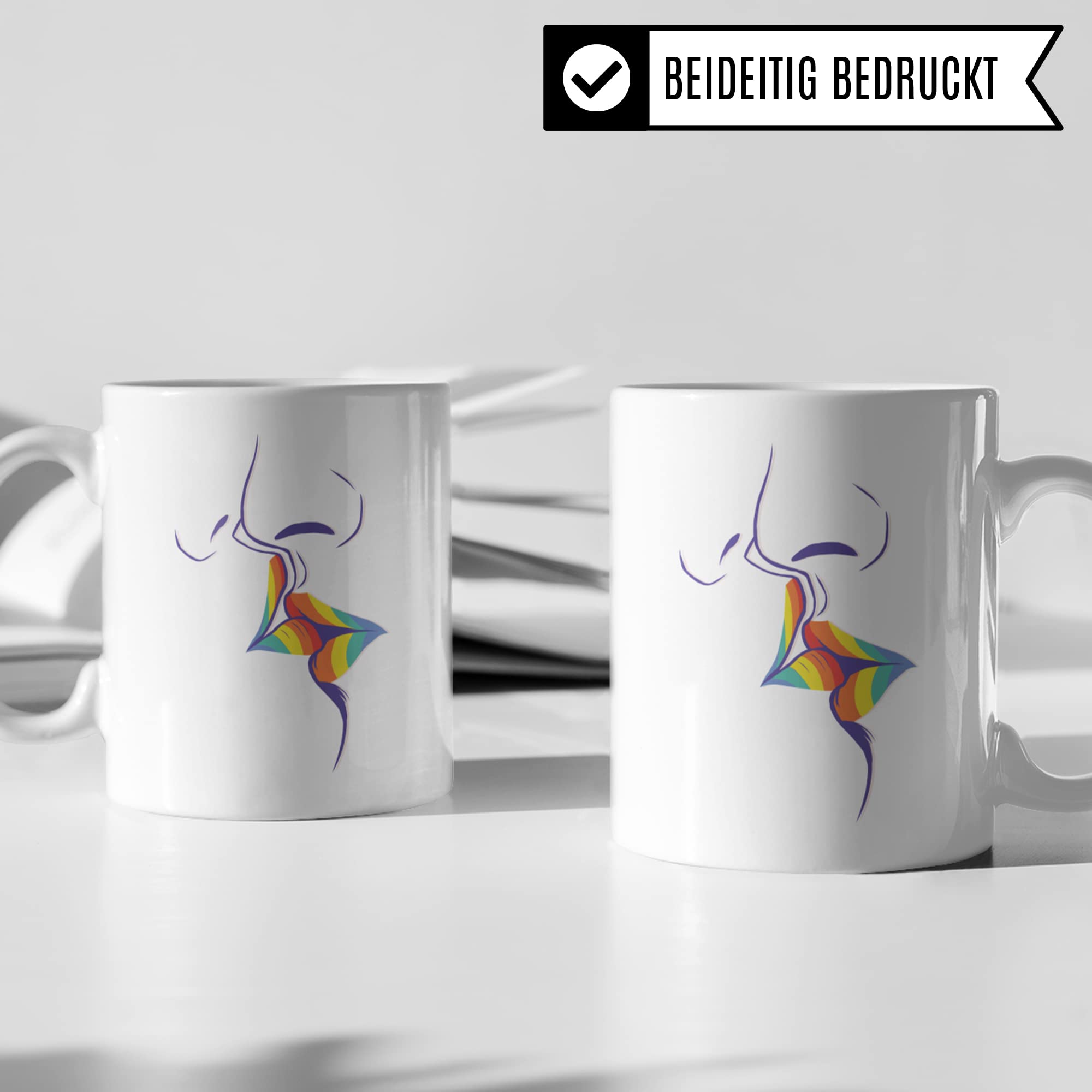 LGBT Tasse Kuss | Gay Pride Geschenke Schwul Lesbisch LGBTQ CSD Motiv | Kaffee-Becher Equality Queer Love is Love | Rainbow Kiss Kaffeetasse