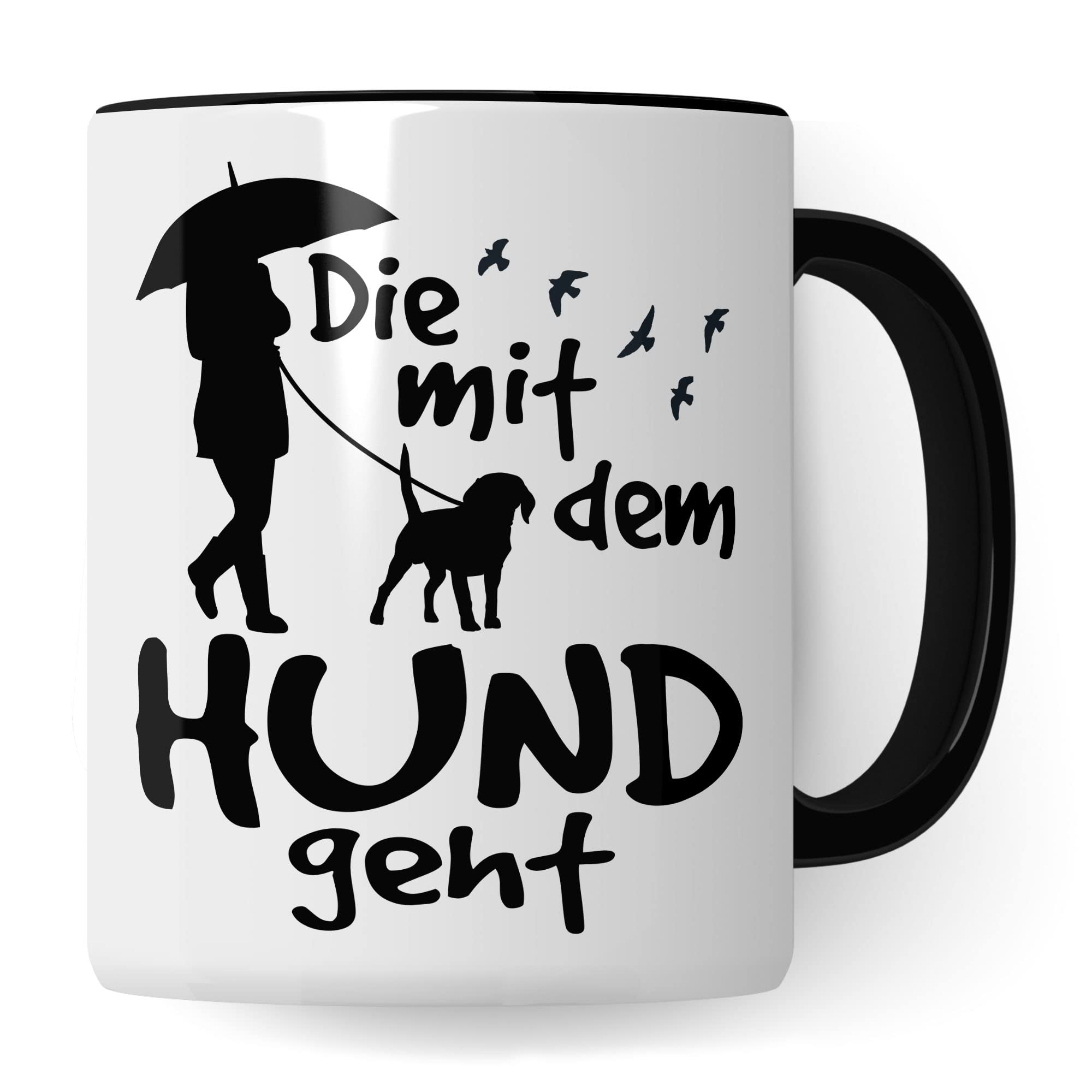 Die mit dem Hund geht lustige Tasse Hund, Tasse für Hundehalter Frauchen Humor Geschenk für Hundebesitzerin, Hundehalterin Hundeliebhaber Spruch Gassi-Gehen Kaffee-Becher