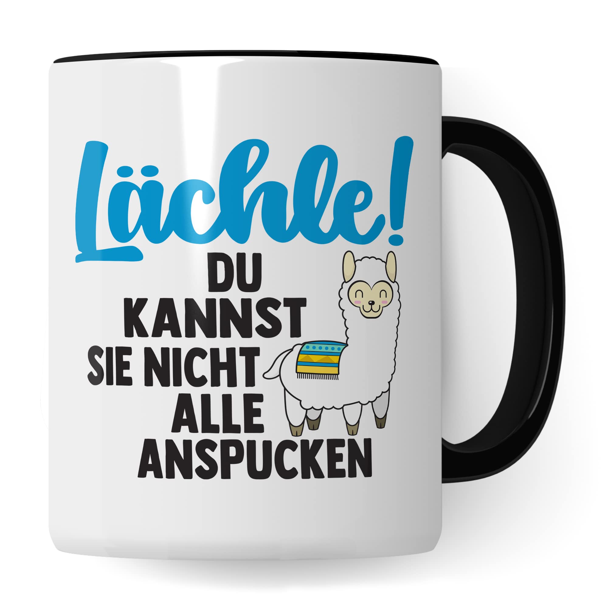 Tasse Lama Geschenk, Lächle! Du kannst sie nicht alle anspucken Geschenkidee Tasse mit Spruch lustig Kaffee-Becher Kaffeetasse Teetasse Humor Witz Witztasse Alpaka spucken