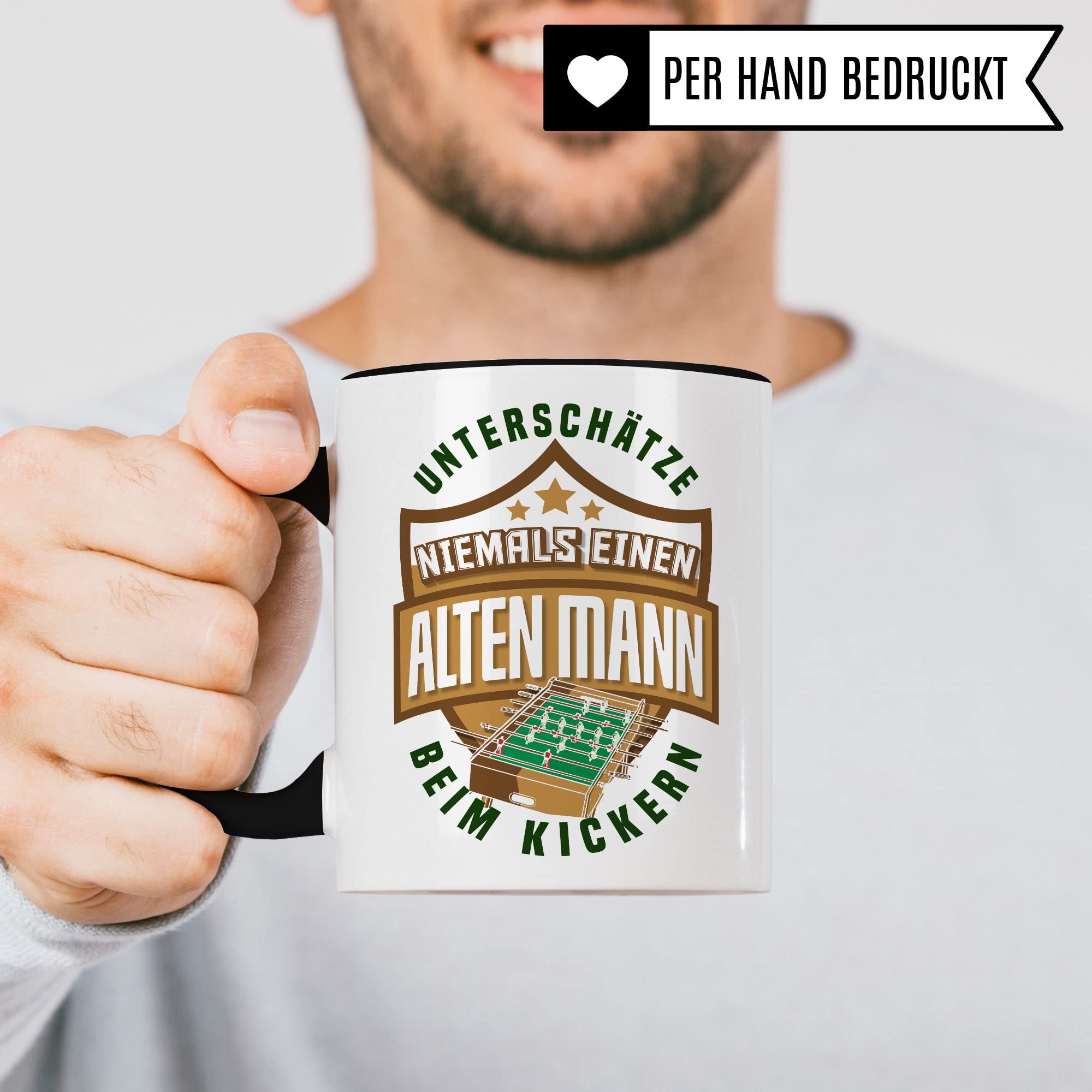 Tischkicker Tasse Geschenkidee Kicker Kaffeetasse Humor Witz Geschenk für alten Mann Kaffeebecher Opa Becher