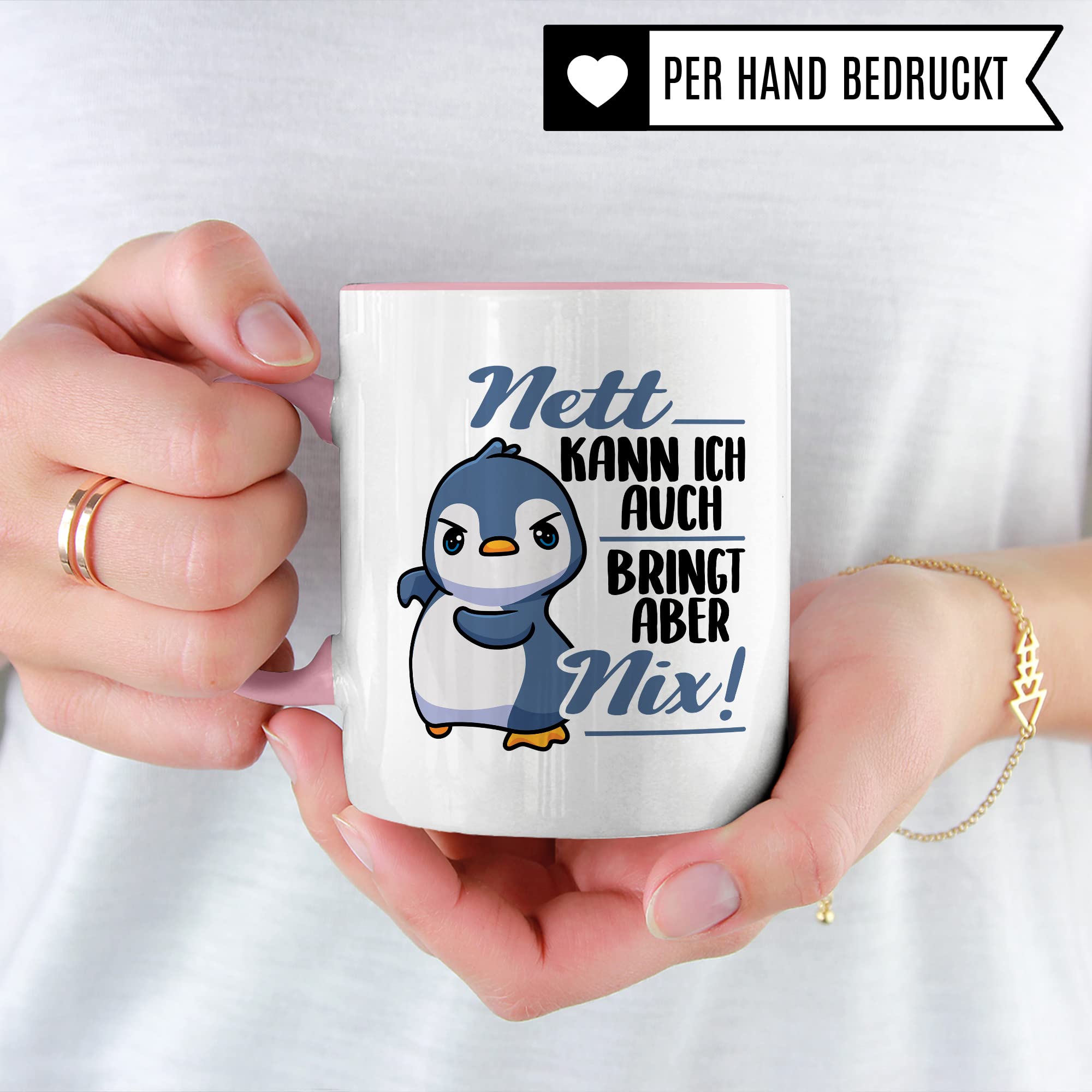 Tasse Spruch, Nett kann ich auch - bringt aber nix Kaffeetasse mit Spruch lustig Kaffee-Becher Pinguin-Motiv böser Humor Geschenk Geschenkidee Teetasse