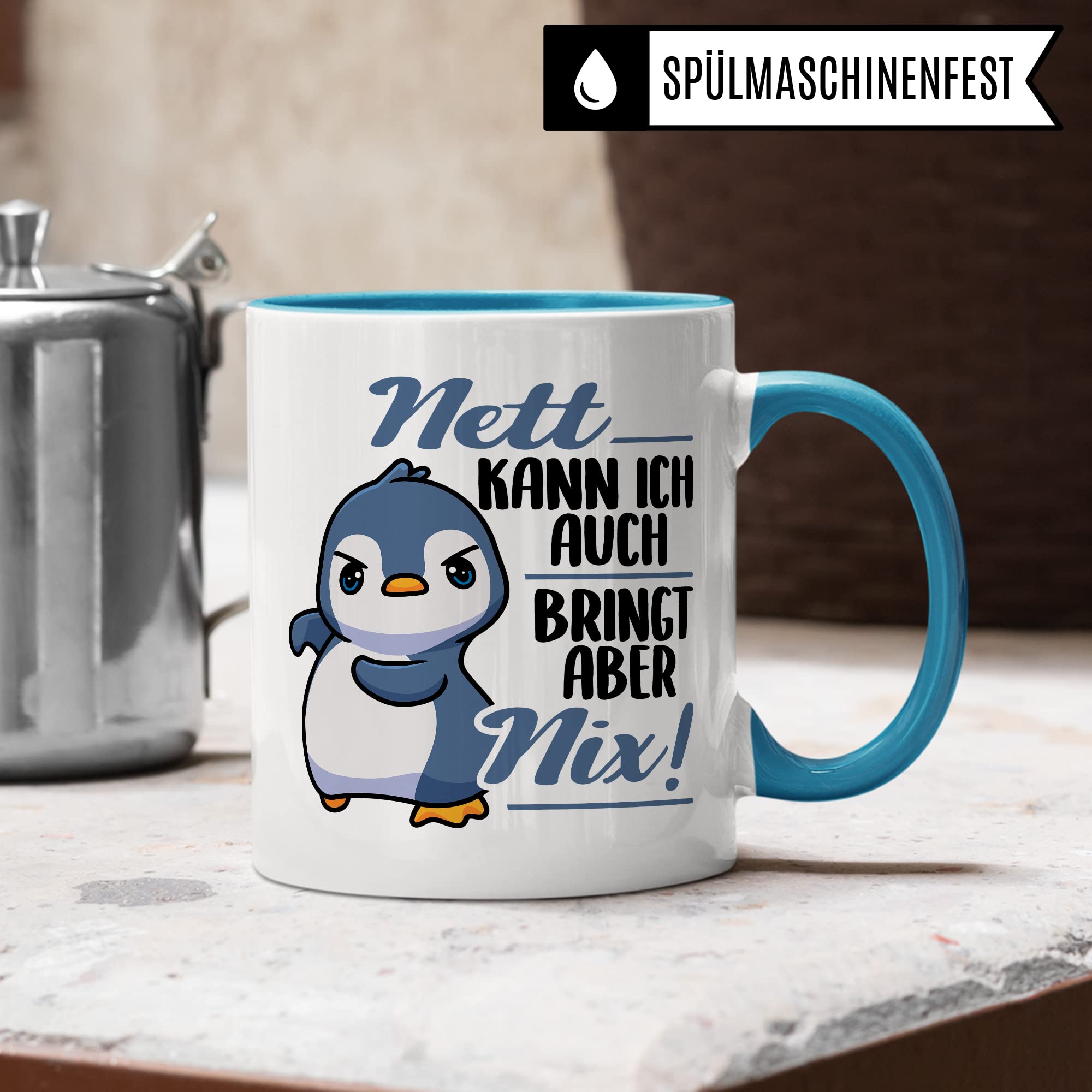 Tasse Spruch, Nett kann ich auch - bringt aber nix Kaffeetasse mit Spruch lustig Kaffee-Becher Pinguin-Motiv böser Humor Geschenk Geschenkidee Teetasse