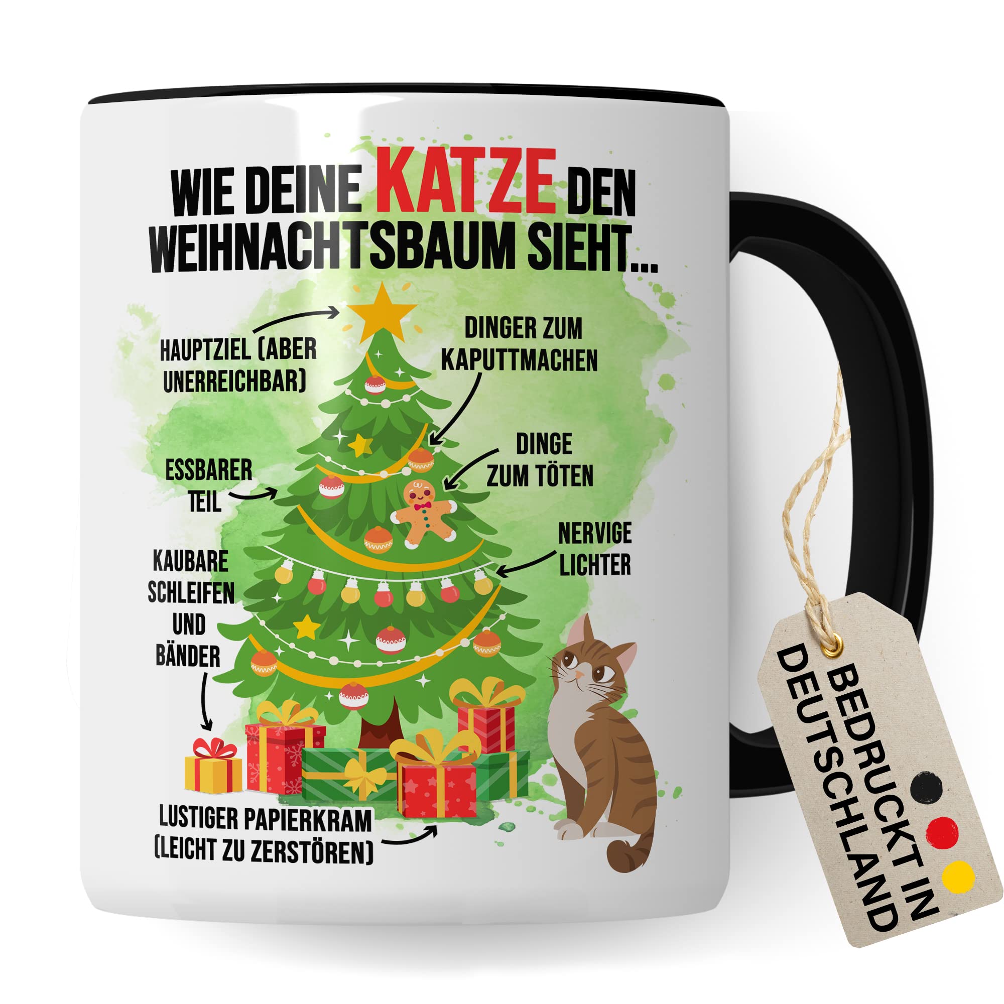 Katzen Tasse Weihnachten Kaffeetasse lustig Weihnachtsbaum Kaffee-Becher Katzenliebhaber Geschenkidee Vierbeiner Katzenhalter Geschenk Tasse mit Spruch Humor Sarkasmus Glühweintasse