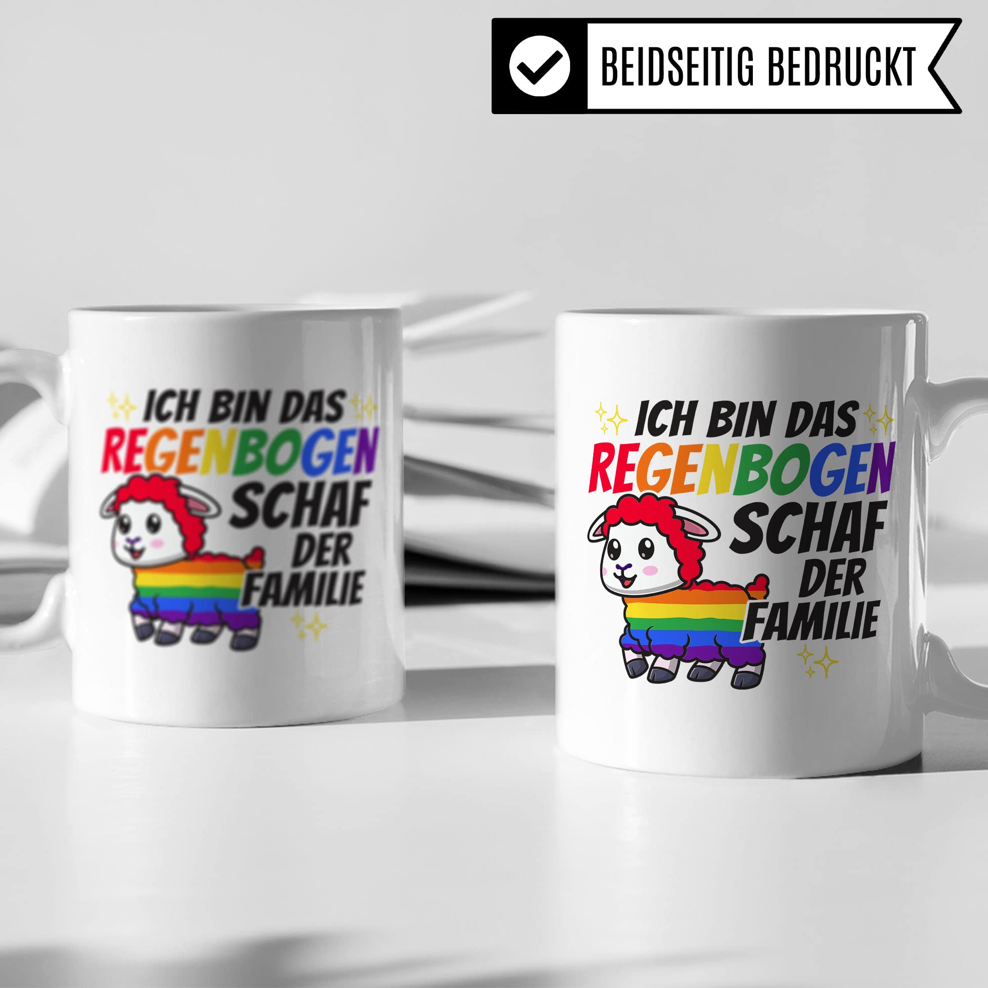 LGBTQI+ Tasse, Ich bin das Regenbogen Schaf der Familie, Gay Pride Geschenk Spruch lustig Motiv Geschenkidee Kaffeetasse outing LGBT queer schwul lesbisch Spruch