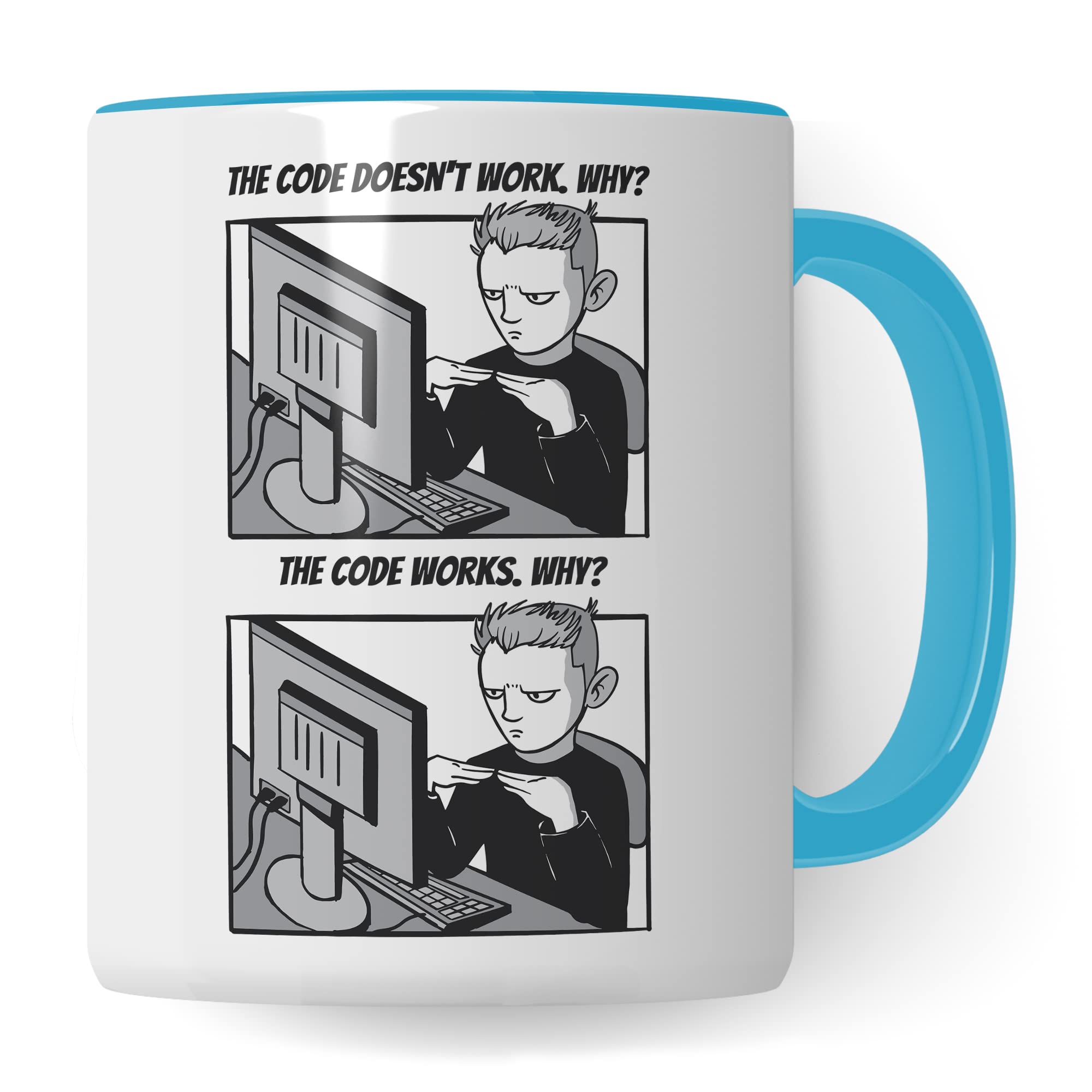 Informatik Geschenk Tasse, The Code doesn´t work - Why? Geschenkidee für Programmierer Kaffee-Becher Informatiker Programmieren Teetasse mit Spruch lustig