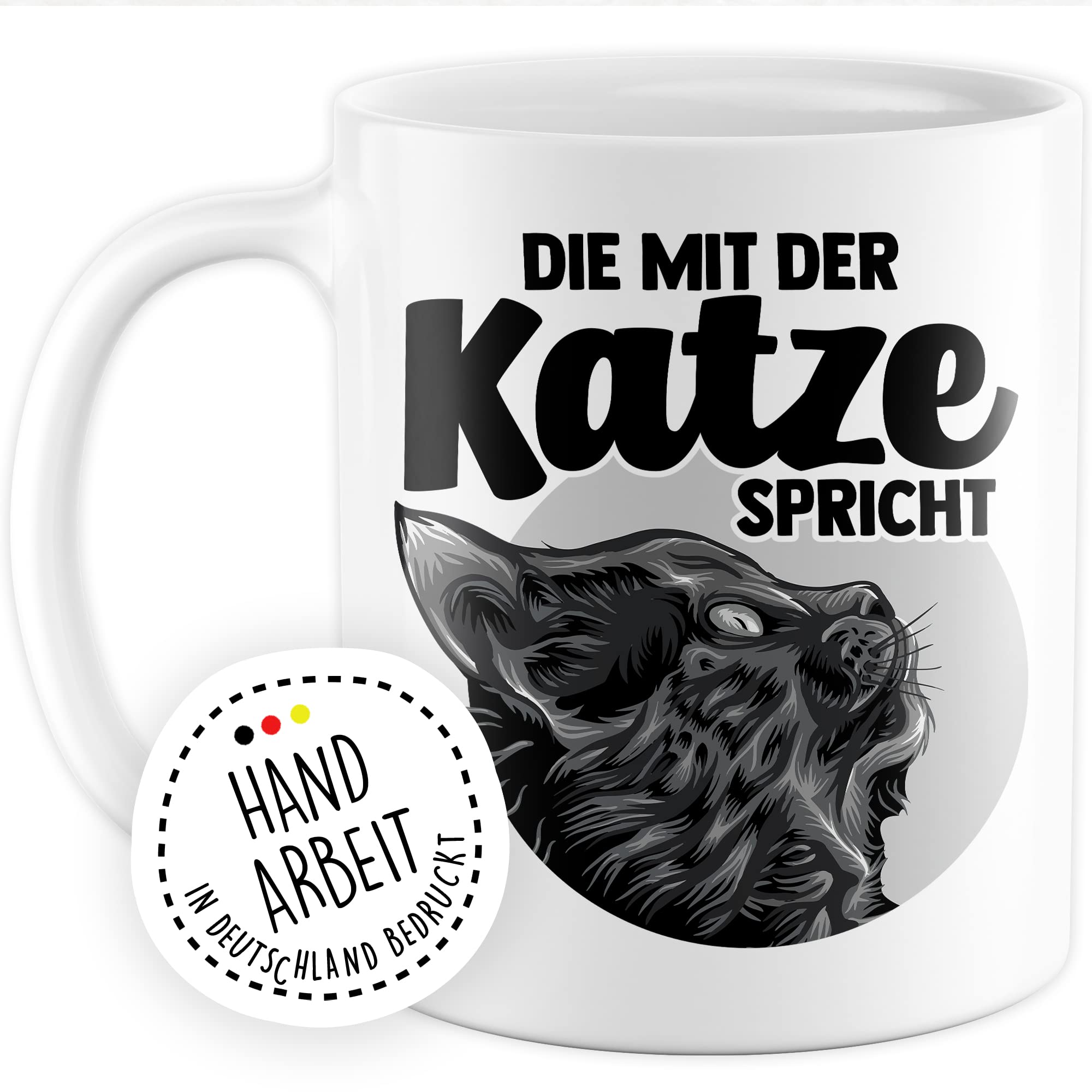 Tasse Katze Geschenk, Die mit der Katze spricht Geschenkidee Kaffeetasse mit Spruch lustig Kaffee-Becher Katzen Katzen-Liebhaber Teetasse Katzen-Motiv