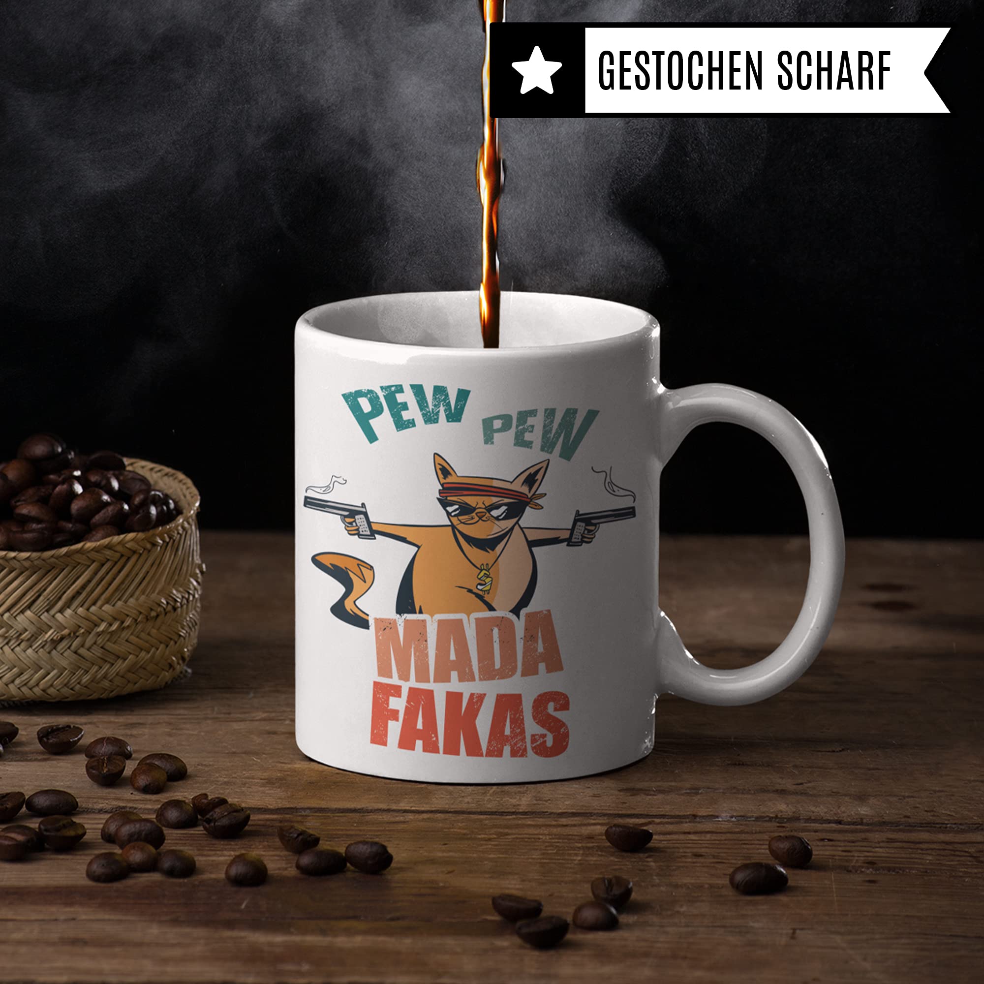 Tasse mit Spruch lustig: Pew Pew Madafakas Tasse - Becher Katze witzig - Geschenkidee mit lustigem Spruch - Kaffeetasse Katzenmotiv für Katzenmama & Katzenpapa Kaffeebecher