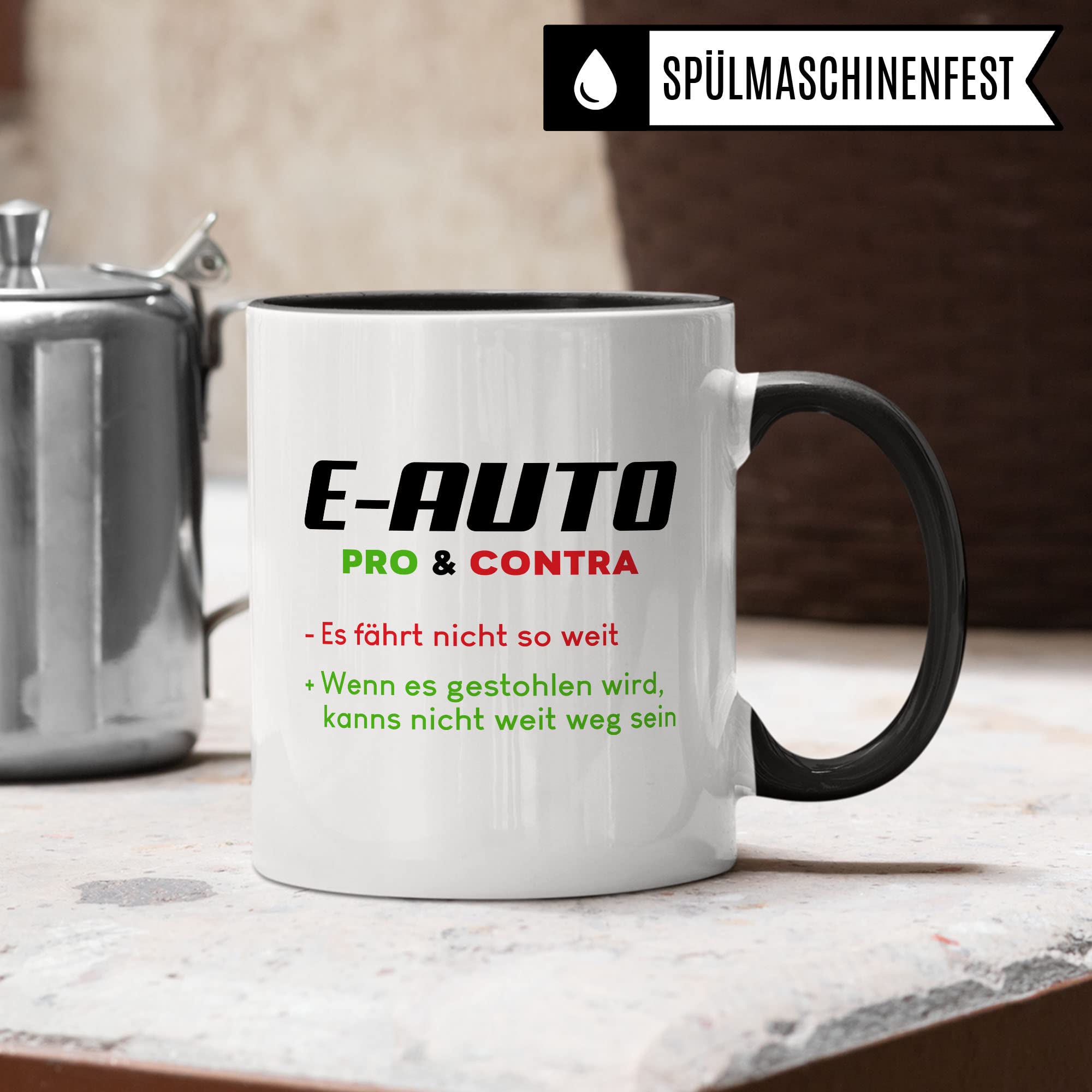 E-Auto Tasse Geschenkidee Kaffeetasse Humor Witz Geschenk für Elektroauto Fahrer Kaffeebecher Elektro Becher