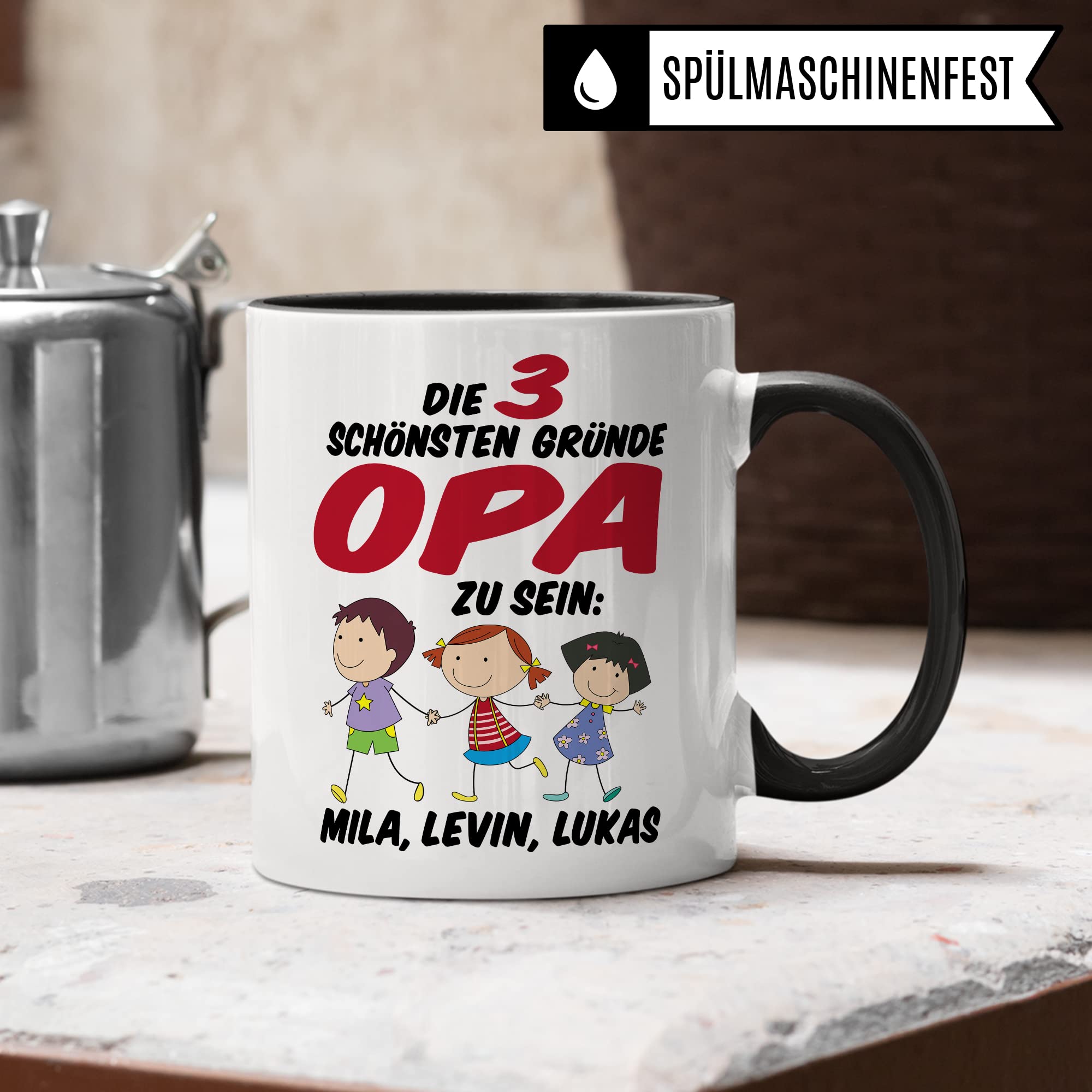 Tasse Opa personalisiert Geschenk, Die drei schönsten Gründe Opa zu sein Geschenkidee Enkel personalisierbar Kaffee-Becher Kaffeetasse mit Spruch eigene Namen Enkelkinder Großvater