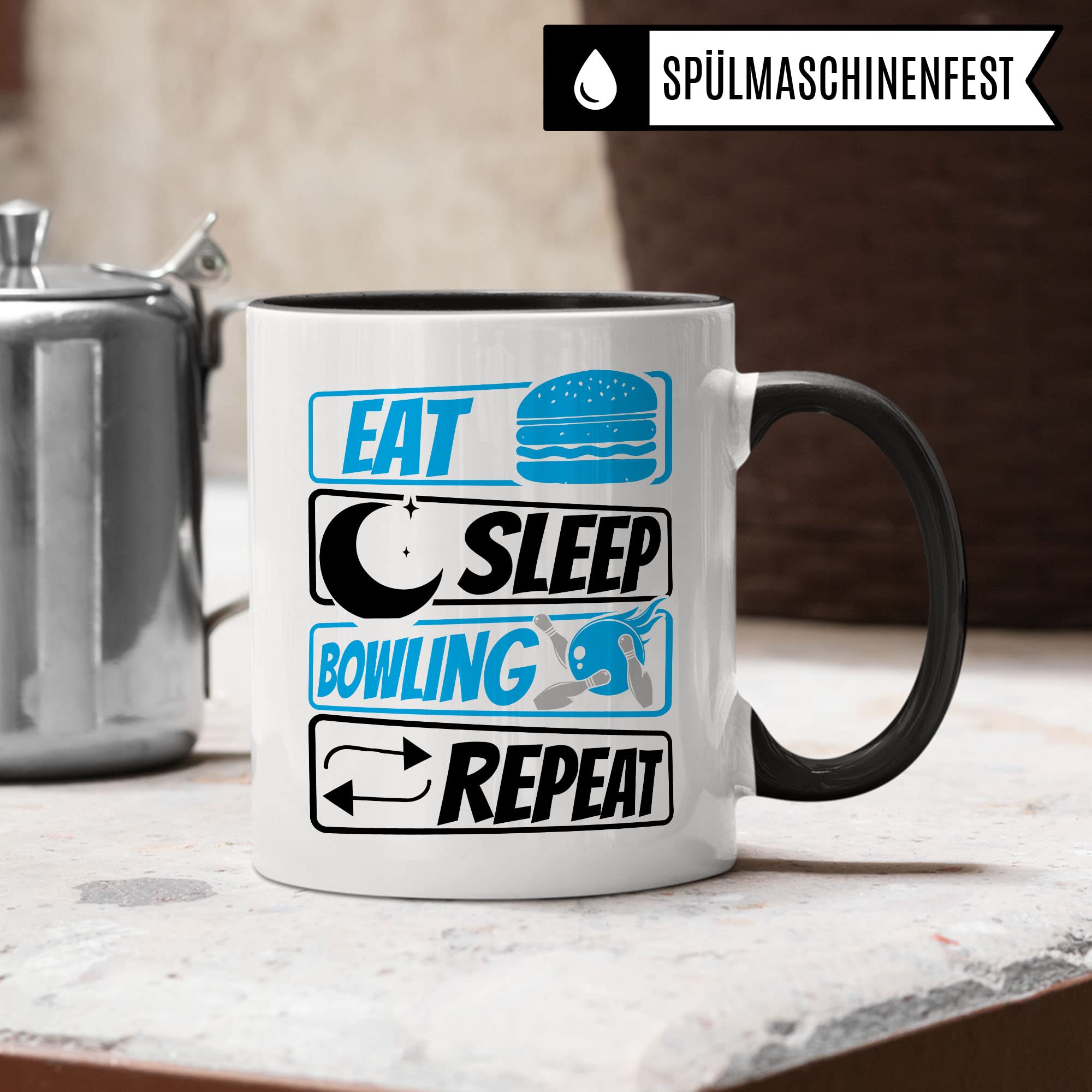 Bowling Tasse Geschenkidee Kaffeetasse Geschenk für Bowler Kaffeebecher Eat Sleep Repeat Becher