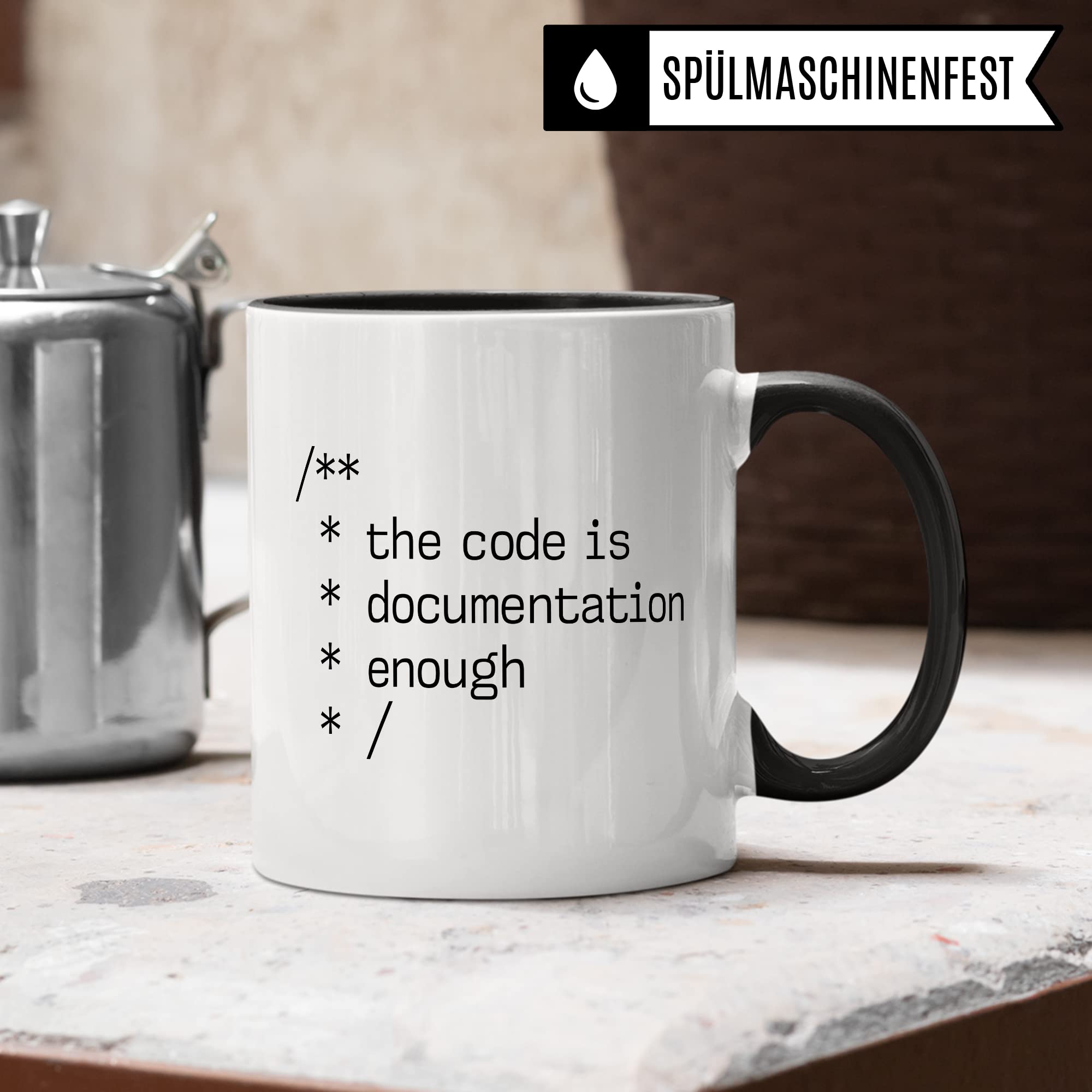 Informatik Geschenk Tasse, The Code is Documentation enough Geschenkidee für Informatiker Kaffee-Becher Informatikerin Programmierer Kaffeetasse mit Spruch lustig Code