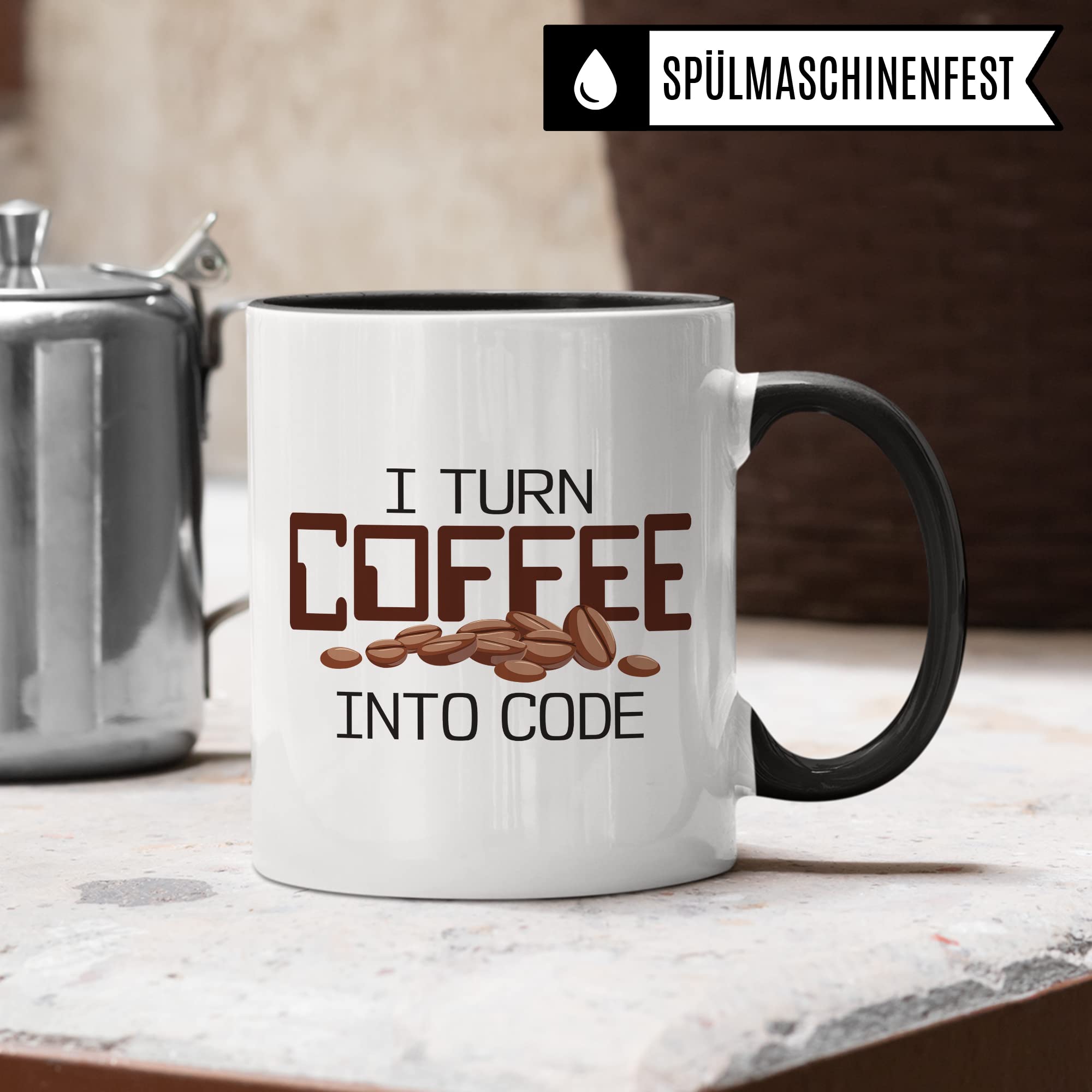 Informatik Geschenk Tasse, I turn Coffee into Code Geschenkidee für Informatiker Kaffee-Becher Informatikerin Programmieren Kaffeetasse mit Spruch lustig Coding