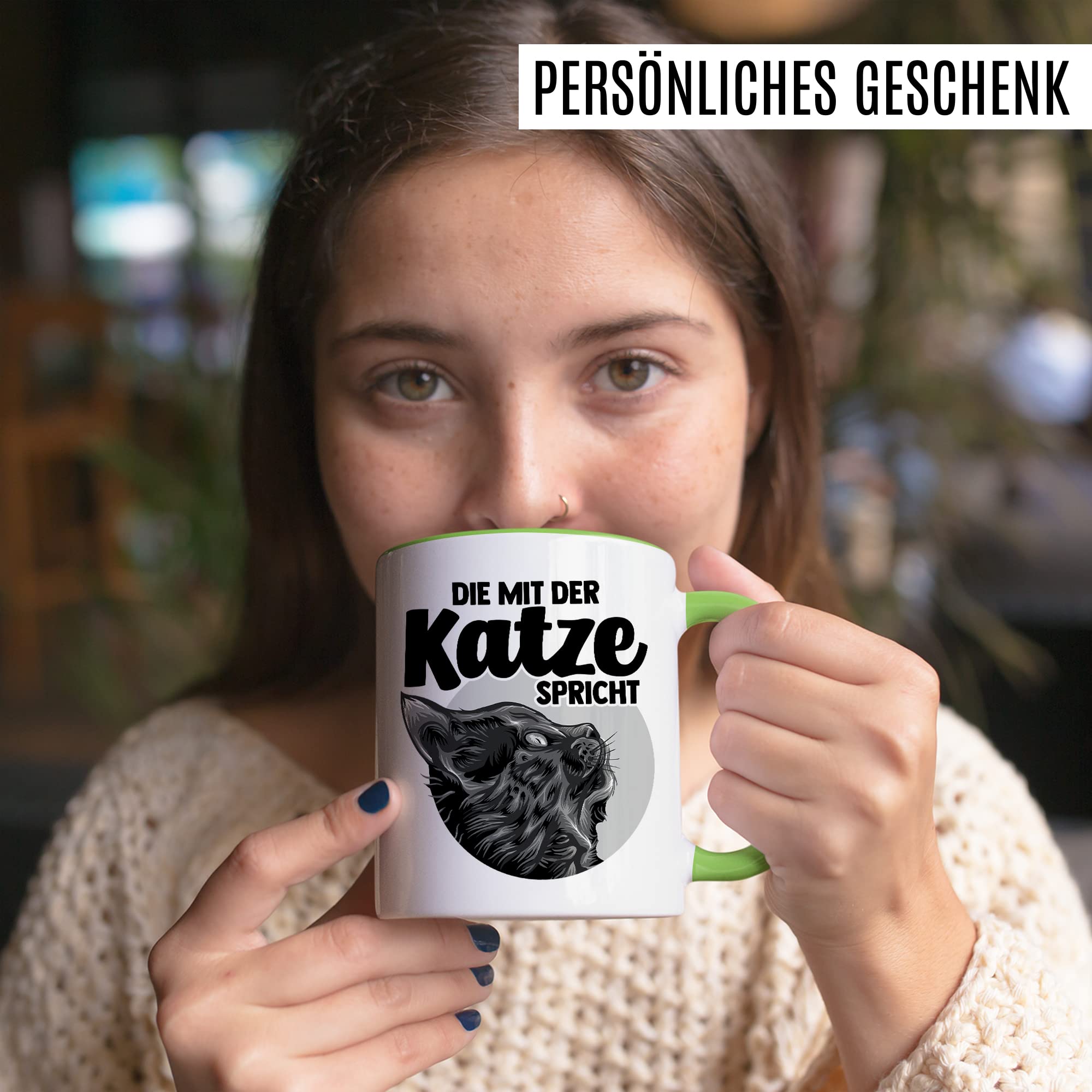 Tasse Katze Geschenk, Die mit der Katze spricht Geschenkidee Kaffeetasse mit Spruch lustig Kaffee-Becher Katzen Katzen-Liebhaber Teetasse Katzen-Motiv