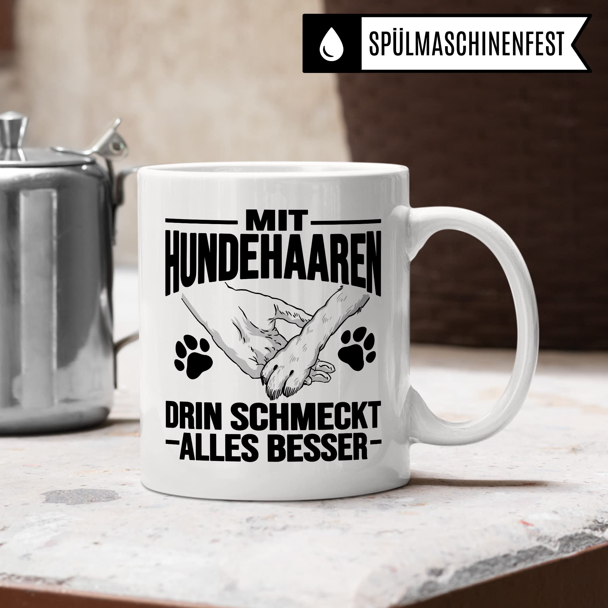 Hunde Tasse Geschenk, Mit Hundehaaren drin schmeckt alles besser Geschenkidee Hundebesitzer Kaffee-Becher Kaffeetasse Teetasse Hundehalter Hund Tasse mit Spruch lustig