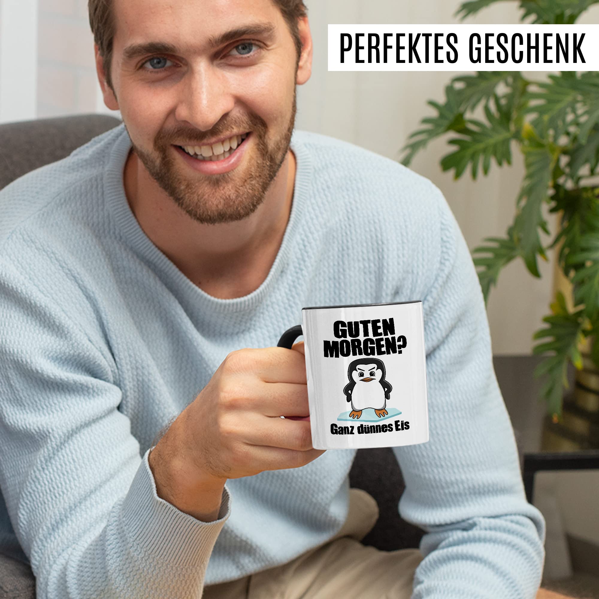 Tasse Morgenmuffel Geschenk, Guten Morgen? Ganz dünnes Eis Geschenkidee Kaffeetasse mit Spruch lustig Kaffee-Becher Bürogeschenk Pinguin-Motiv lustige Tasse Kollegen