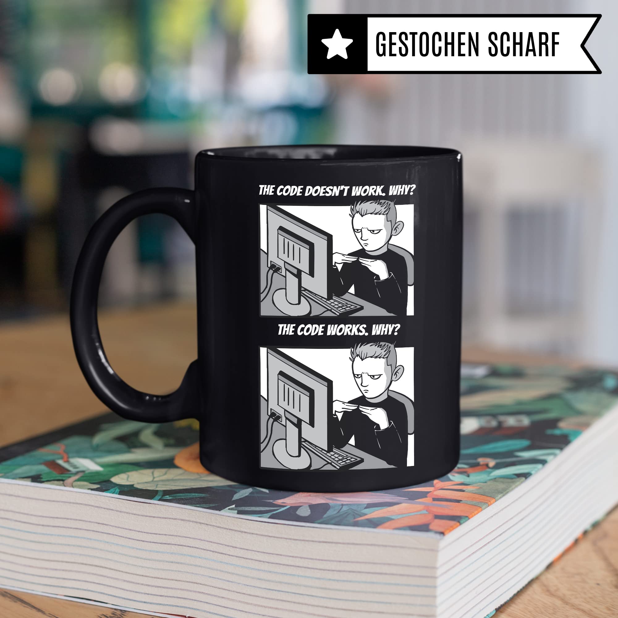 Informatik Geschenk Tasse, The Code doesn´t work - Why? Geschenkidee für Programmierer Kaffee-Becher Informatiker Programmieren Teetasse mit Spruch lustig