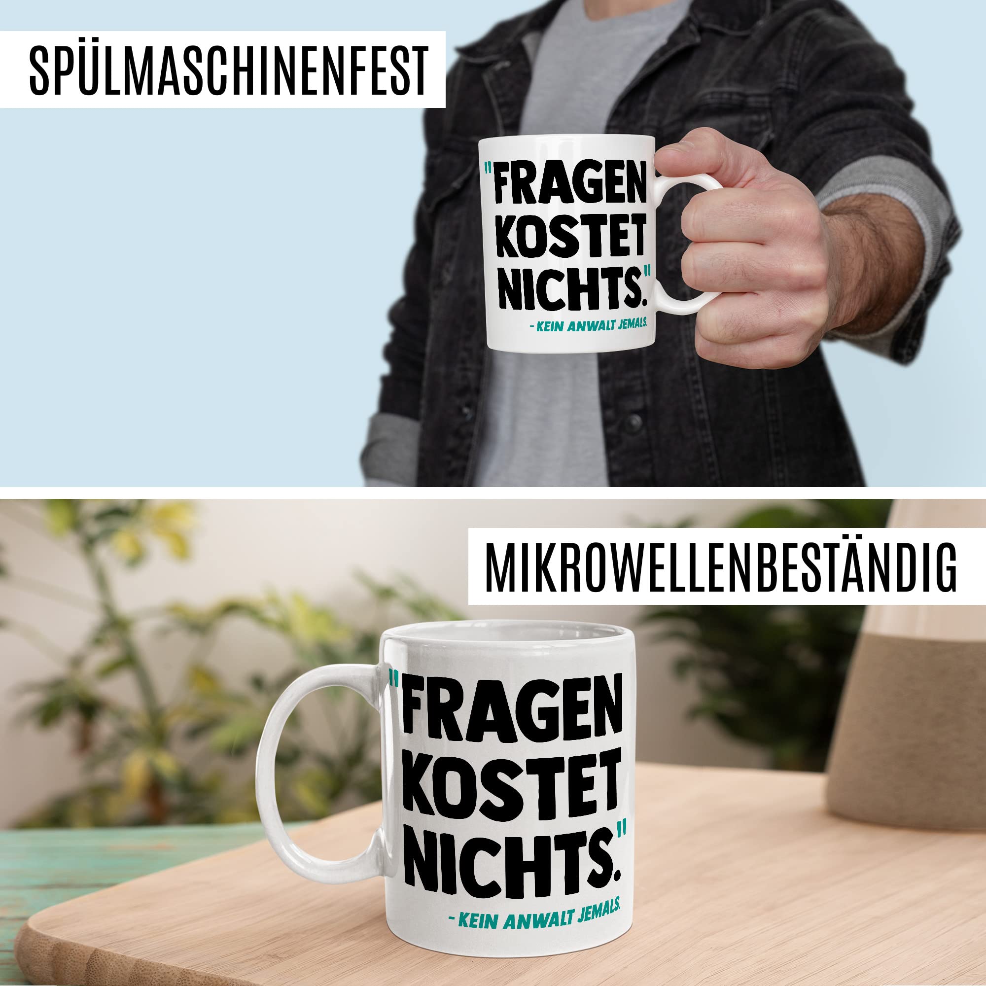 Tasse Anwalt Geschenk, Fragen kostet nichts Geschenkidee Jurastudent Jura Kaffee-Becher Tasse mit Spruch lustig Kaffeetasse Teetasse angehender Anwalt Studium Anwältin Staatsanwalt