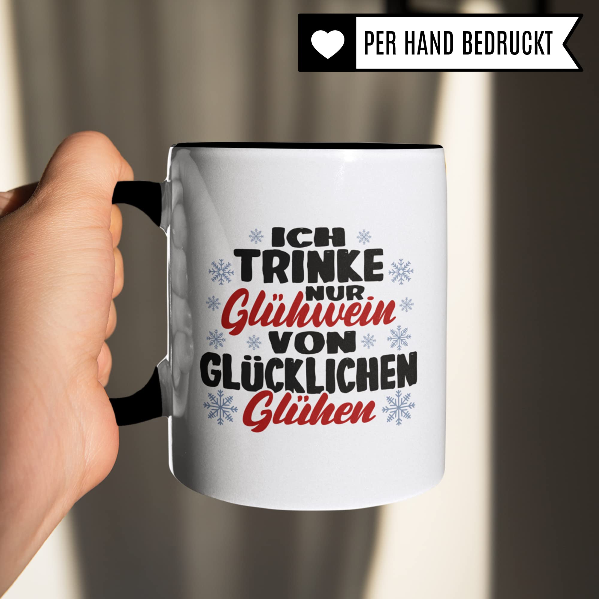 Tasse mit Spruch: "Glühwein von glücklichen Glühen" Geschenk Weihnachten Winter Glühwein-Becher Geschenkidee Punsch lustig