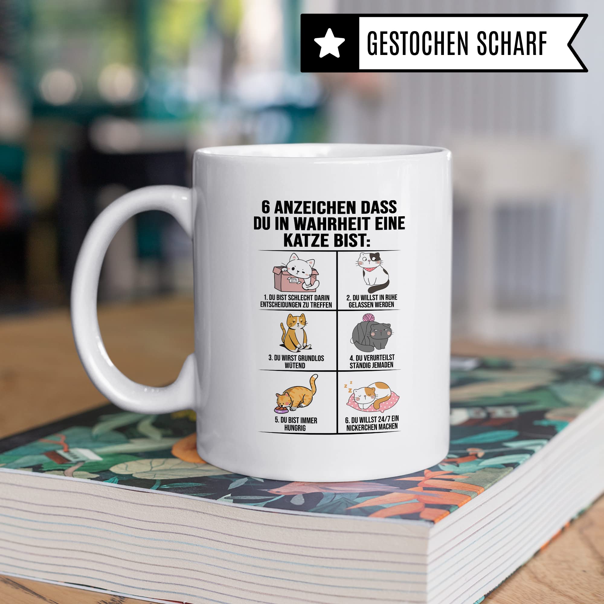 Lustige Tasse Katzen Kaffeetasse Humor Kaffee-Becher mit Spruch Katze Witz 6 Anzeichen dass du eine Katze bist Witz Katzenmama Geschenk Geschenkidee für Katzenliebhaber