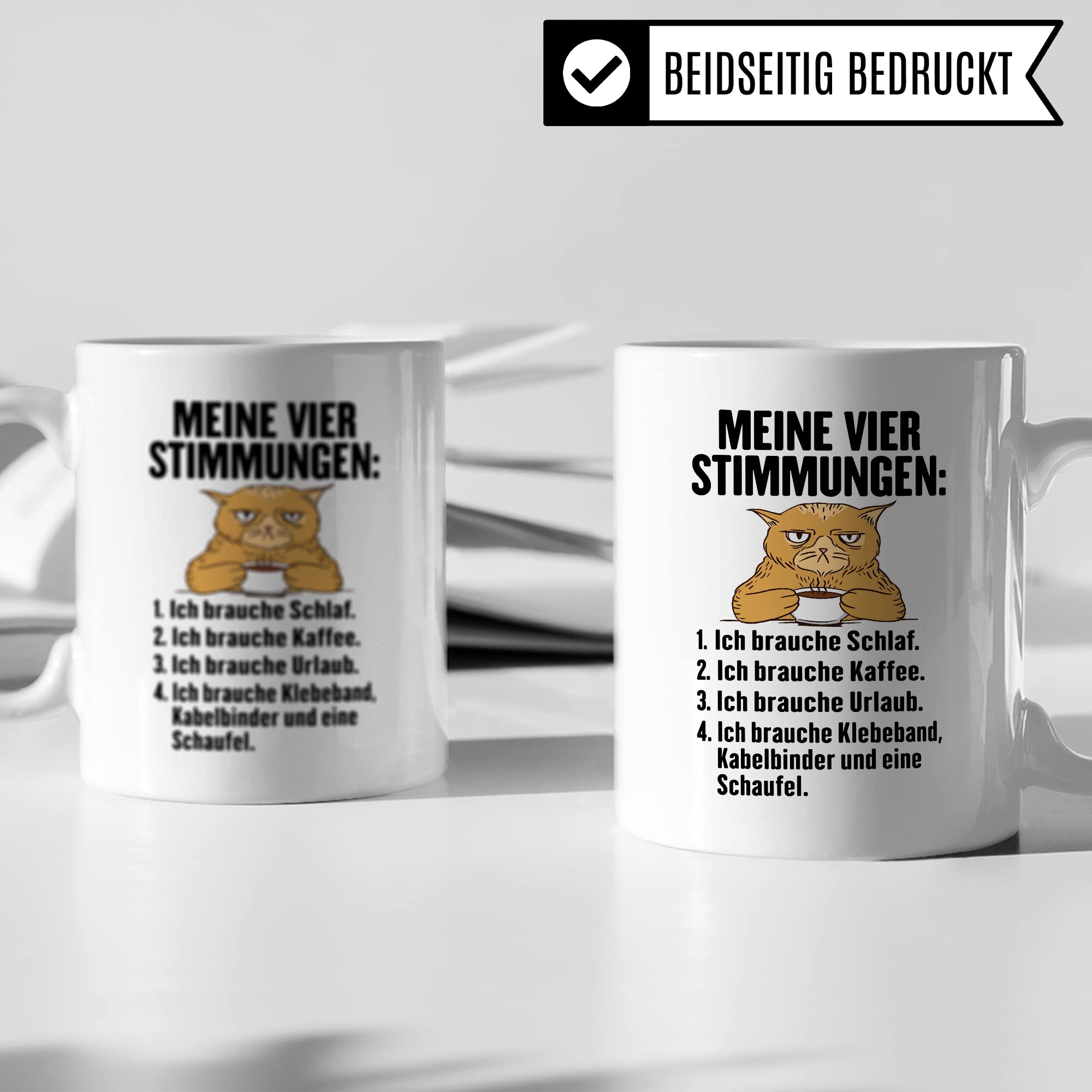 Tasse Humor Geschenk, Meine vier Stimmungen Kaffeetasse mit Spruch lustig Geschenkidee Kaffee-Becher Flachwitz humorvolle Teetasse Witzbold Humortasse