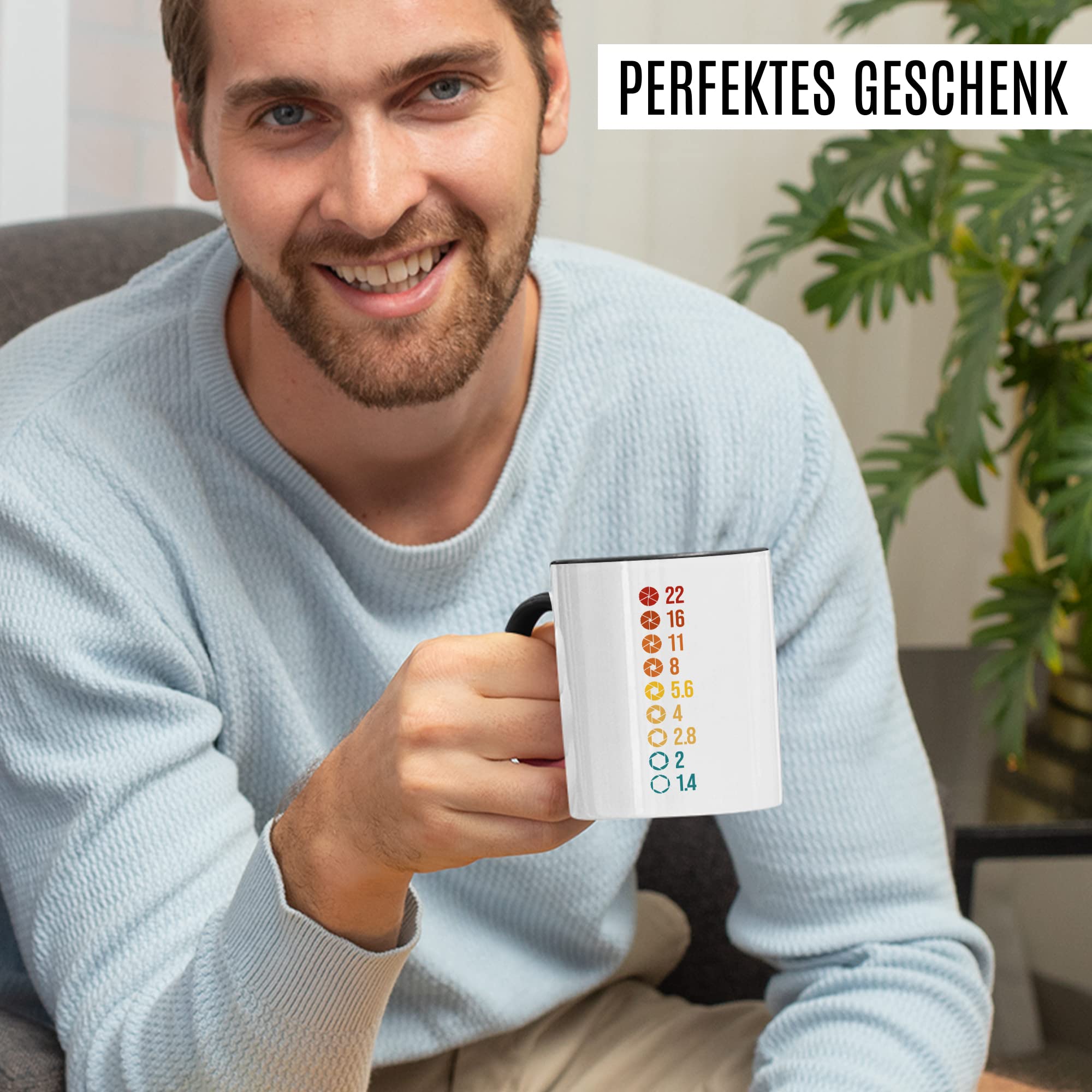 Tasse Kamera Geschenk, 22 16 11 8 Geschenkidee Kameramann Fotograf Blende Kaffee-Becher Kaffeetasse Tasse mit Blenden-Motiv fotografieren Kamera-Liebhaber Objektiv