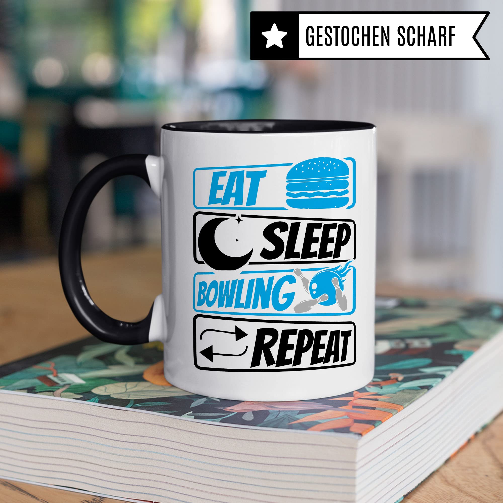 Bowling Tasse Geschenkidee Kaffeetasse Geschenk für Bowler Kaffeebecher Eat Sleep Repeat Becher