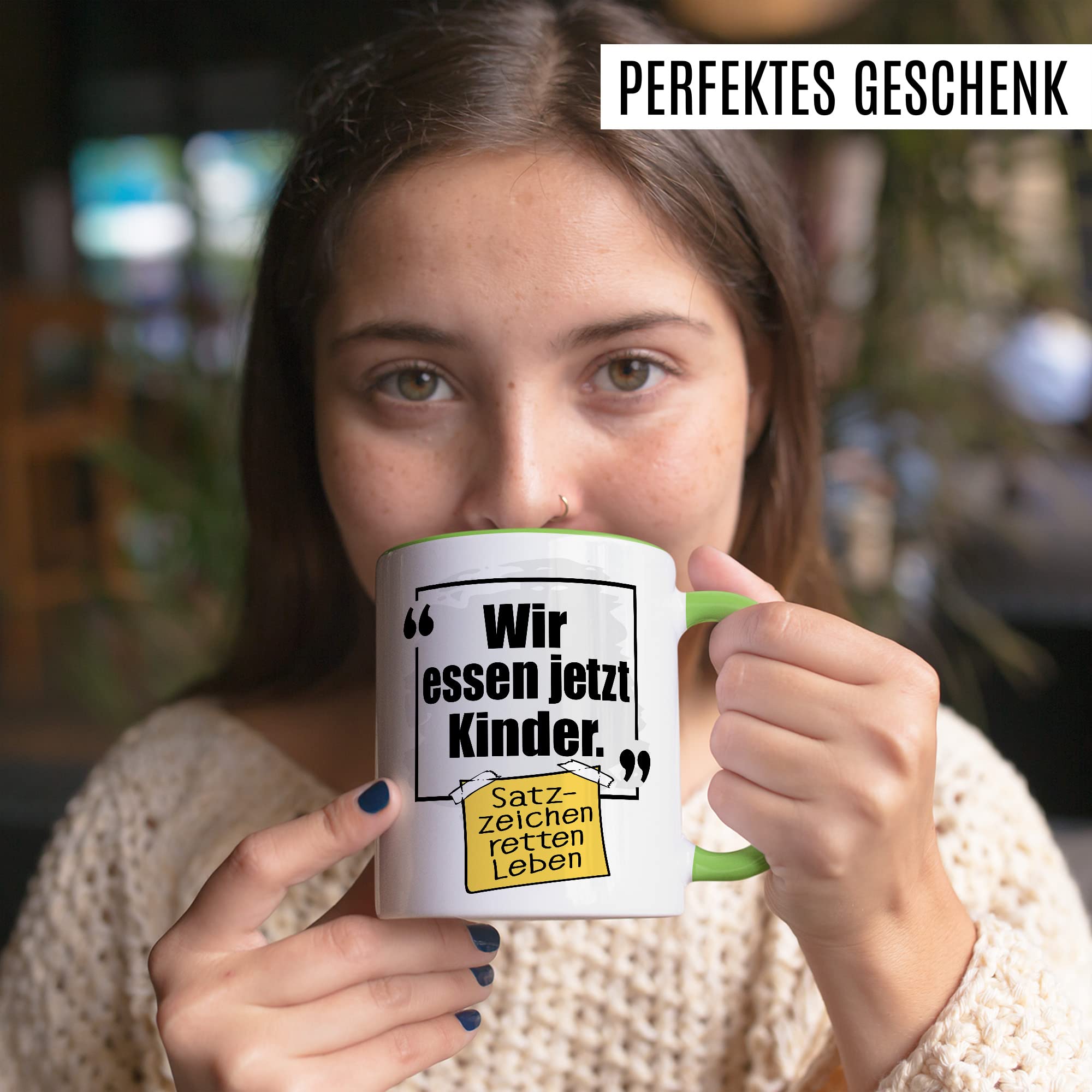 Lustige Tasse mit Spruch Kaffeetasse Grammatik Witz lustig Kaffee-Becher Zeichensetzung rettet Leben wir essen jetzt Kinder Interpunktion Deutsch